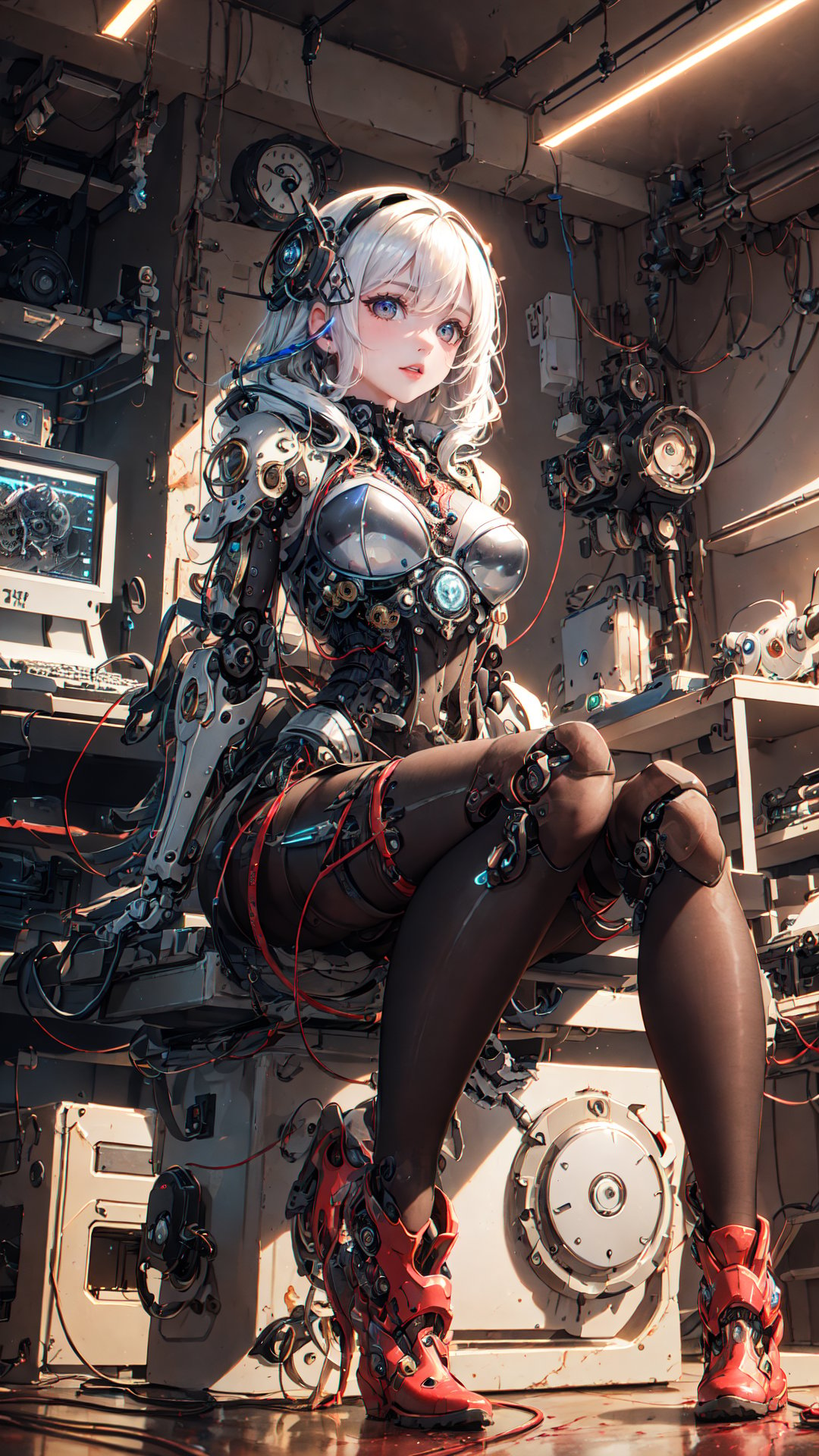 cbpkv5,(masterpiece, top quality, best quality, official art, beautiful and aesthetic:1.3), (1girl:1.3), extreme detailed,colorful,highest detailed,((ultra-detailed)), (highly detailed CG illustration), ((an extremely delicate and beautiful)),cinematic light,((1mechanical girl)),solo,full body,(steampunk),(machine made joints:1.2),(mechanical limbs),(blood vessels connected to tubes),((mechanical cervial attaching to neck)),(sitting),expressionless,wires and cables attaching to neck,wires and cables on head,,science fiction,mechanical city, active pose,<lora:cbpkv5:0.55>