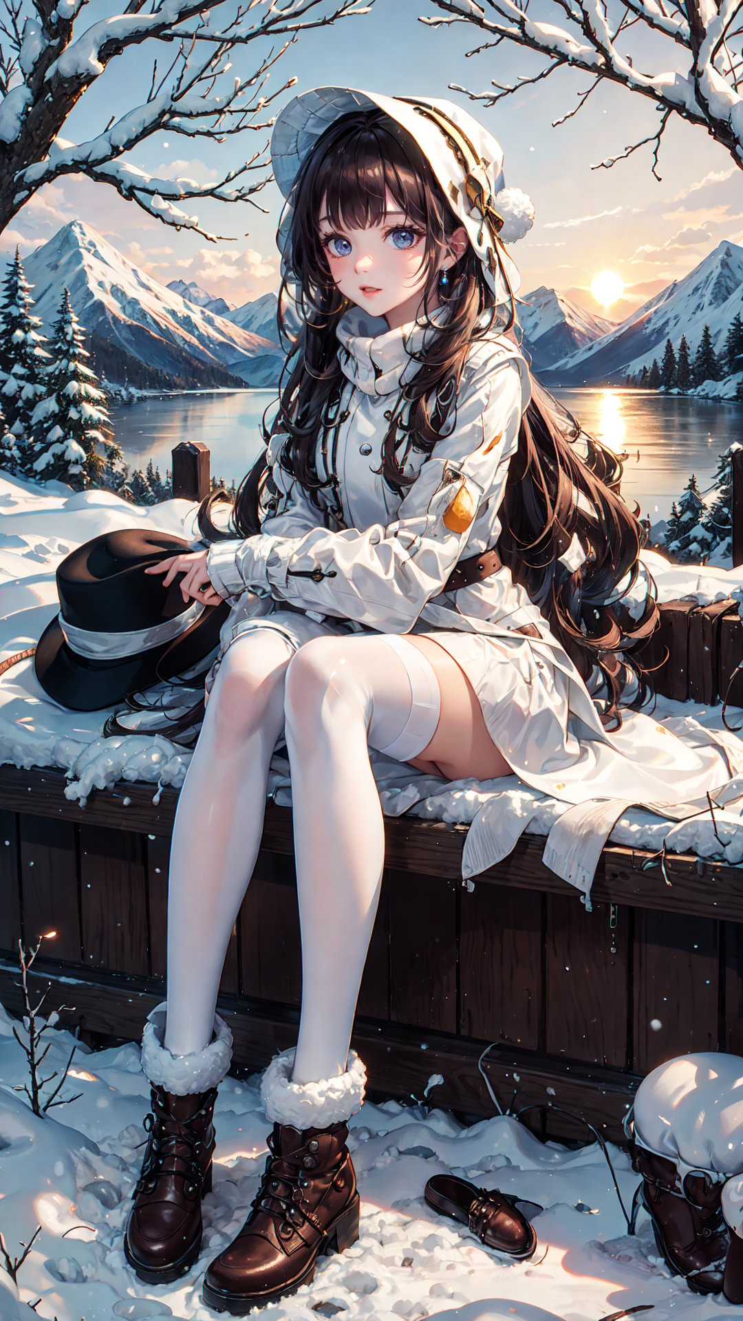 cbpkv5,masterpiece, best quality, winter, snow field, 1girl, bangs, blue eyes, blunt bangs, bonnet, brown footwear, brown hair, frills, fruit, full body, hat, long hair,looking at viewer, shoes, sitting, solo, sky, sun, mountain, forest, lake,<lora:cbpkv5:0.65>