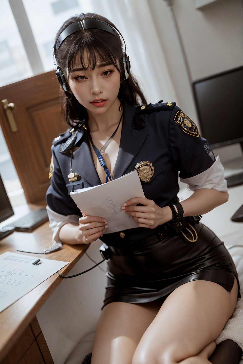 1girl,,realistic,Intercom,Headphones,Documents,Waist weapon cover,Search Officer, <lora:河北彩花baotunqun-baichenshan-suihuaqun:0.6>