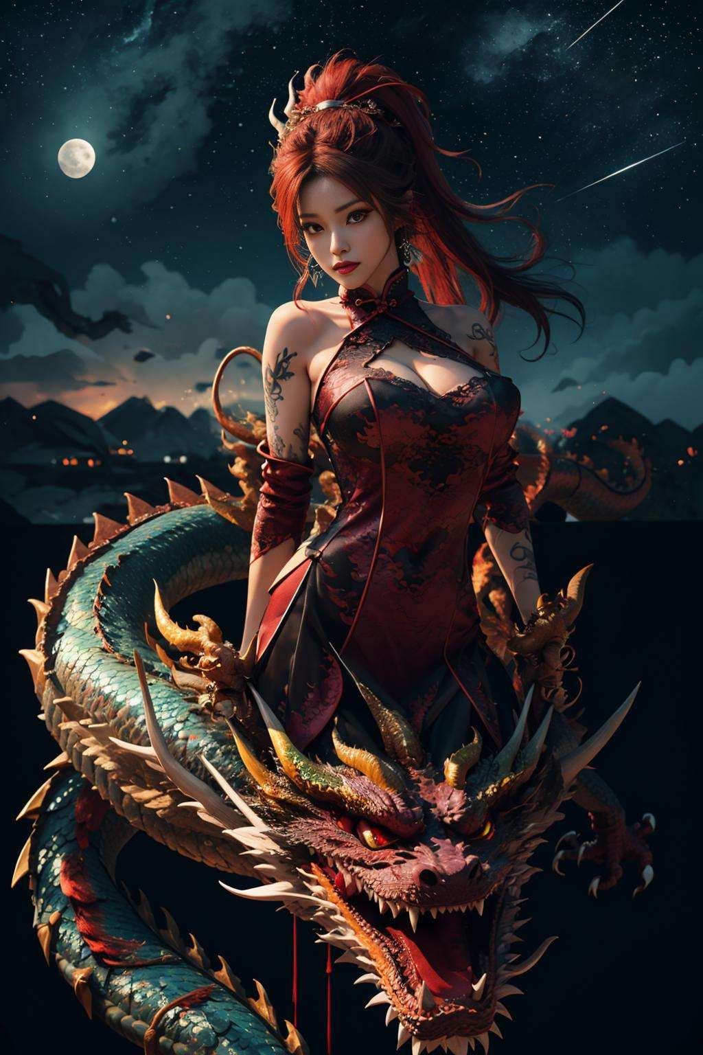 extremely detailed CG unity 8k wallpaper,masterpiece, best quality, ultra-detailed, beautiful detailed eyes,best illumination, best shadow,dragon_real,(1gril),solo,(crimson dragon:1.4),crimson hair,(crimson eyes:1.1),long hair,ponytail,Bare shoulders,(crimson cheongsam:1.2),(green jewel:1.2),earrings,bare legs,(crimson tattoos and dragon),collarbone,lips,moon,gigantic hanging breasts,black silk stockings,lace,Anime face,2.5D,8k,Beautiful facial features,starry sky,Complex decoration,Black Armor,looking at viewer,Strong lighting,light and shadow texture,texture details,