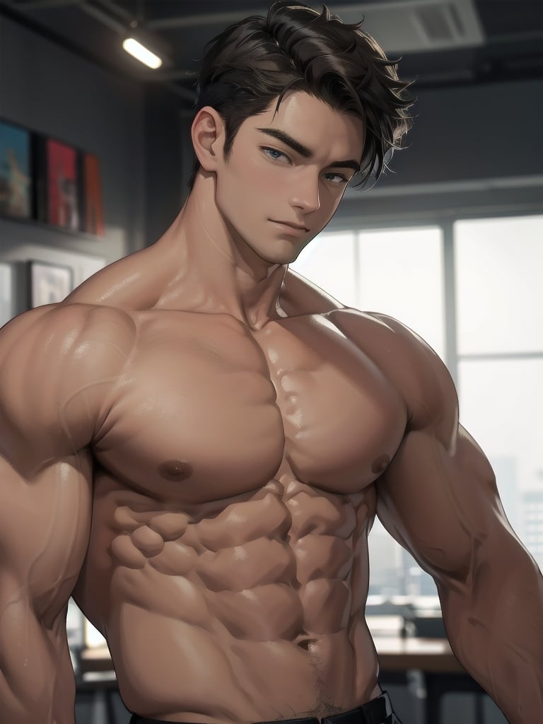 best quality, masterpiece, highres, 1boy,male,solo,male focus, upper body, pecs, abs,  <lora:niji3:0.3>