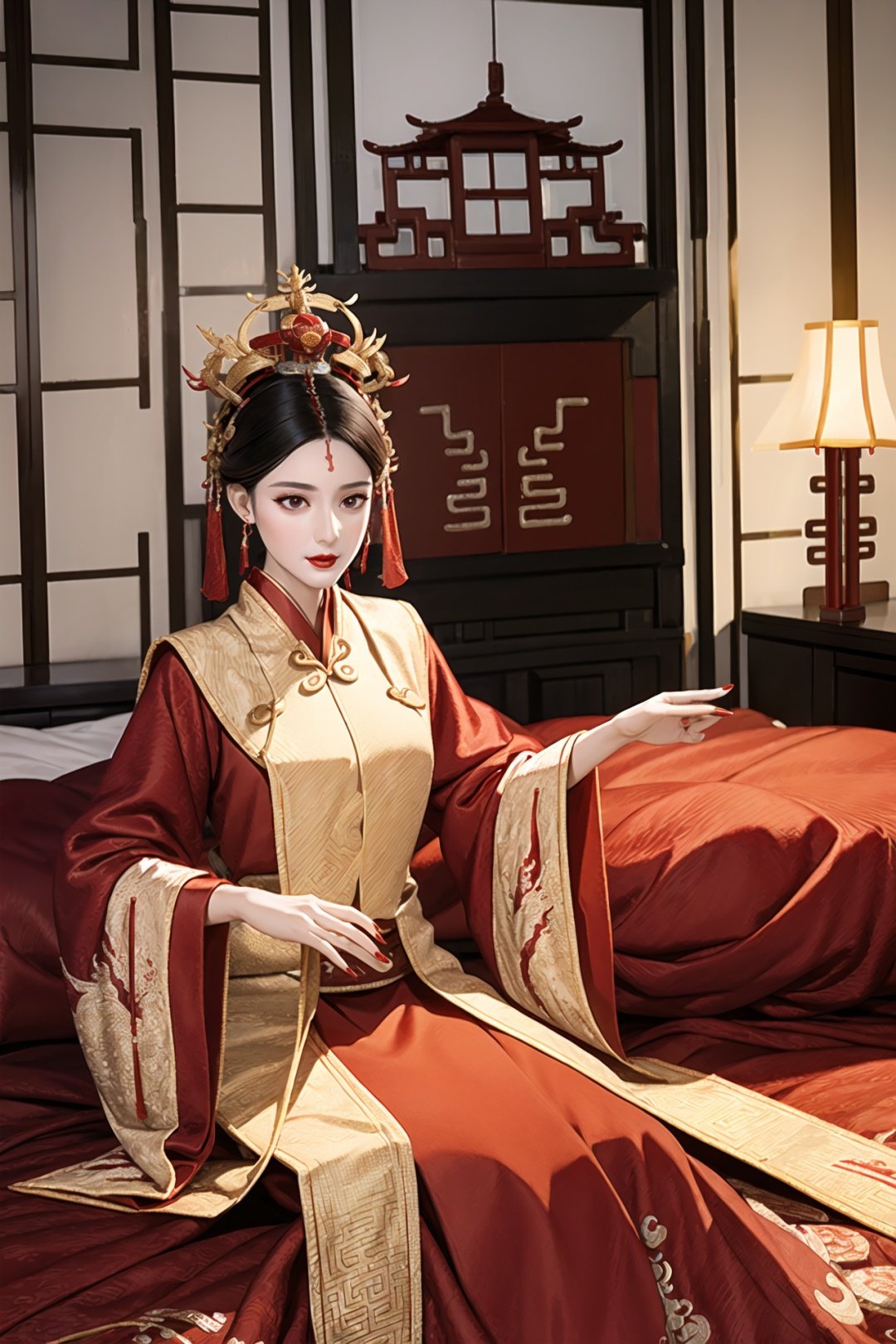 (best quality:1.1) ,(photorealistic:1.1), (photography:1.1), (highly detailed:1.1),
a woman in a red and gold dress, Phoenix crown,hair stick,(sitting on red bed), Cosmetic,shy,black_hair, looking down, (forehead dot),(2 red candles), chinese_clothes, curtains, earrings, hair_ornament, hanfu, indoors, jewelry, red nails,  long_sleeves, red dress, red lips, tassel, (Red quilt),(red palace:1.2),(ancient Chinese architecture),(red:1.8),无