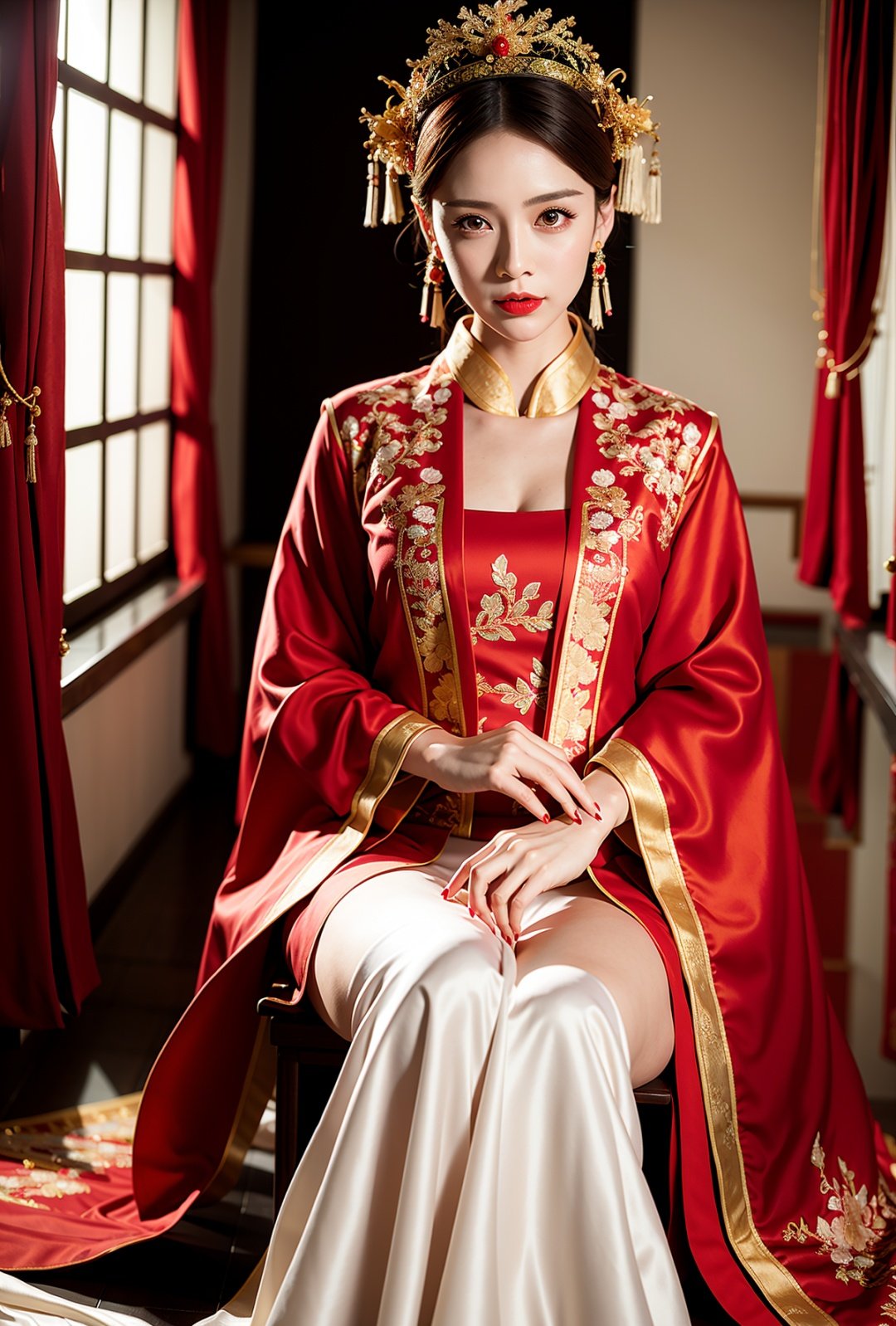 a woman in a red and gold dress with a tiara on her head and a red table cloth, hair stick,sitting,from below breast naked loli,Gold Crown,1girl, dutch angle,from below breast naked loli,Chinese style,artist_name, black_hair, raindrop,chinese_clothes, closed_eyes, curtains, dress, earrings, hair_ornament, (hanfu:1.4), indoors, jewelry, lips, lipstick, long_sleeves, makeup, red_dress, red_lips, solo, standing, tassel, window, wisteria,masterpiece,best quality,official art,extremely detailed CG unity 8k wallpaper, (crown:1.4),(headband:1.4)