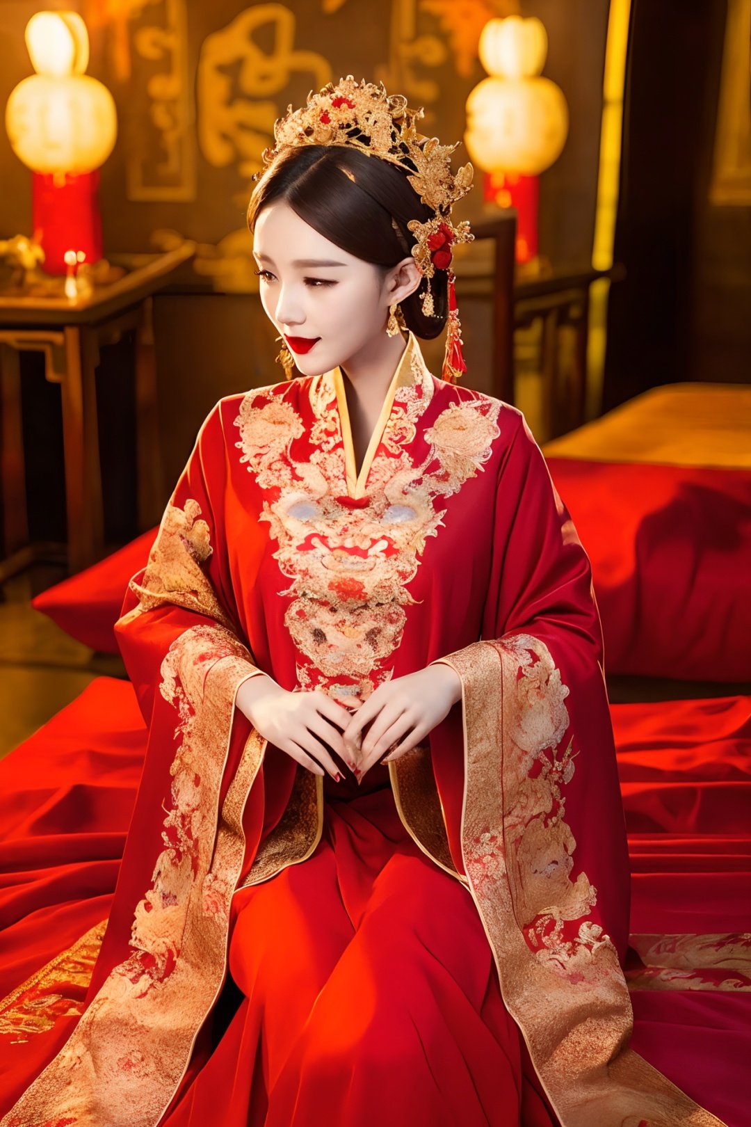 (best quality:1.1) ,(photorealistic:1.1), (photography:1.1), (highly detailed:1.1),
a woman in a red and gold dress, Phoenix crown,hair stick,(sitting on red bed), Cosmetic,shy,black_hair, looking down, (forehead dot),(2 red candles), chinese_clothes, curtains, earrings, hair_ornament, hanfu, indoors, jewelry, red nails,  long_sleeves, red dress, red lips, tassel, (Red quilt),(red palace:1.2),(ancient Chinese architecture),(red:1.8),无