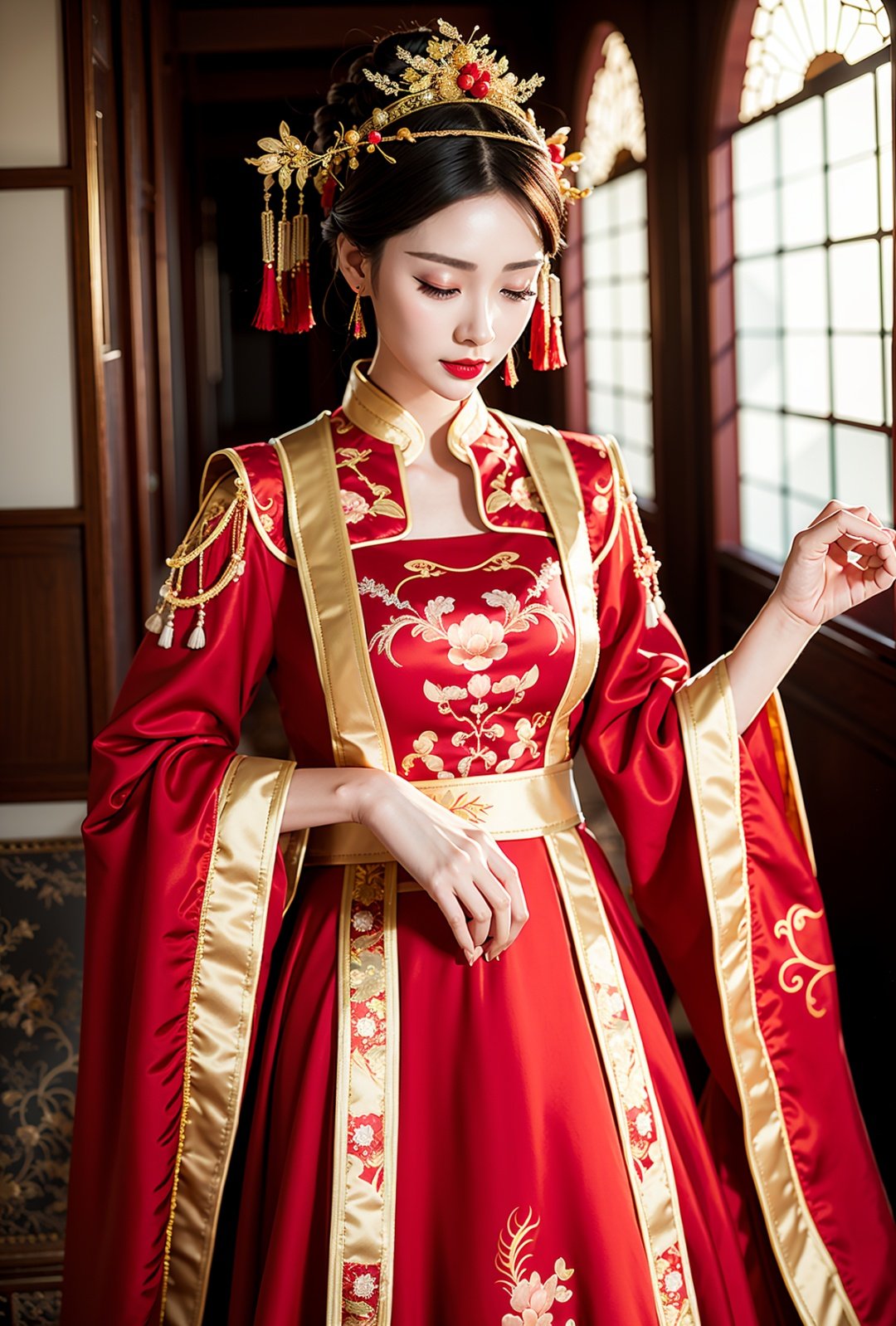 a woman in a red and gold dress with a tiara on her head and a red table cloth, hair stick,from below breast naked loli,Gold Crown,1girl, dutch angle,from below breast naked loli,Chinese style,artist_name, black_hair, raindrop,chinese_clothes, closed_eyes, curtains, dress, earrings, hair_ornament, (hanfu:1.4), indoors, jewelry, lips, lipstick, long_sleeves, makeup, red_dress, red_lips, solo, standing, tassel, window, wisteria,masterpiece,best quality,official art,extremely detailed CG unity 8k wallpaper, (crown:1.4),(headband:1.4)