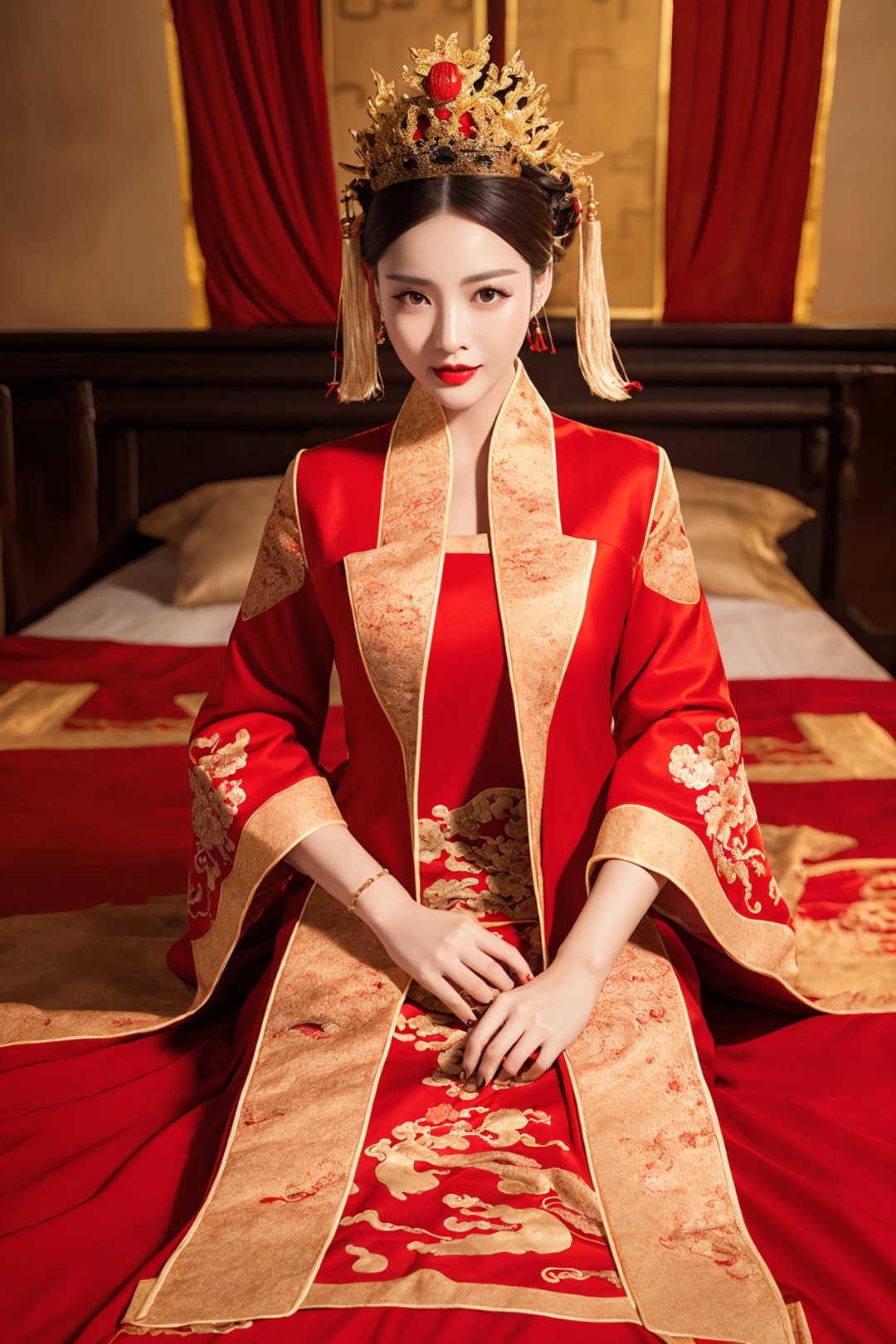 (best quality:1.1) ,(photorealistic:1.1), (photography:1.1), (highly detailed:1.1),
a woman in a red and gold dress, Phoenix crown,hair stick,(sitting on red bed), Cosmetic,shy,black_hair, looking down, (forehead dot),(2 red candles), chinese_clothes, curtains, earrings, hair_ornament, hanfu, indoors, jewelry, red nails,  long_sleeves, red dress, red lips, tassel, (Red quilt),(red palace:1.2),(ancient Chinese architecture),(red:1.8),无