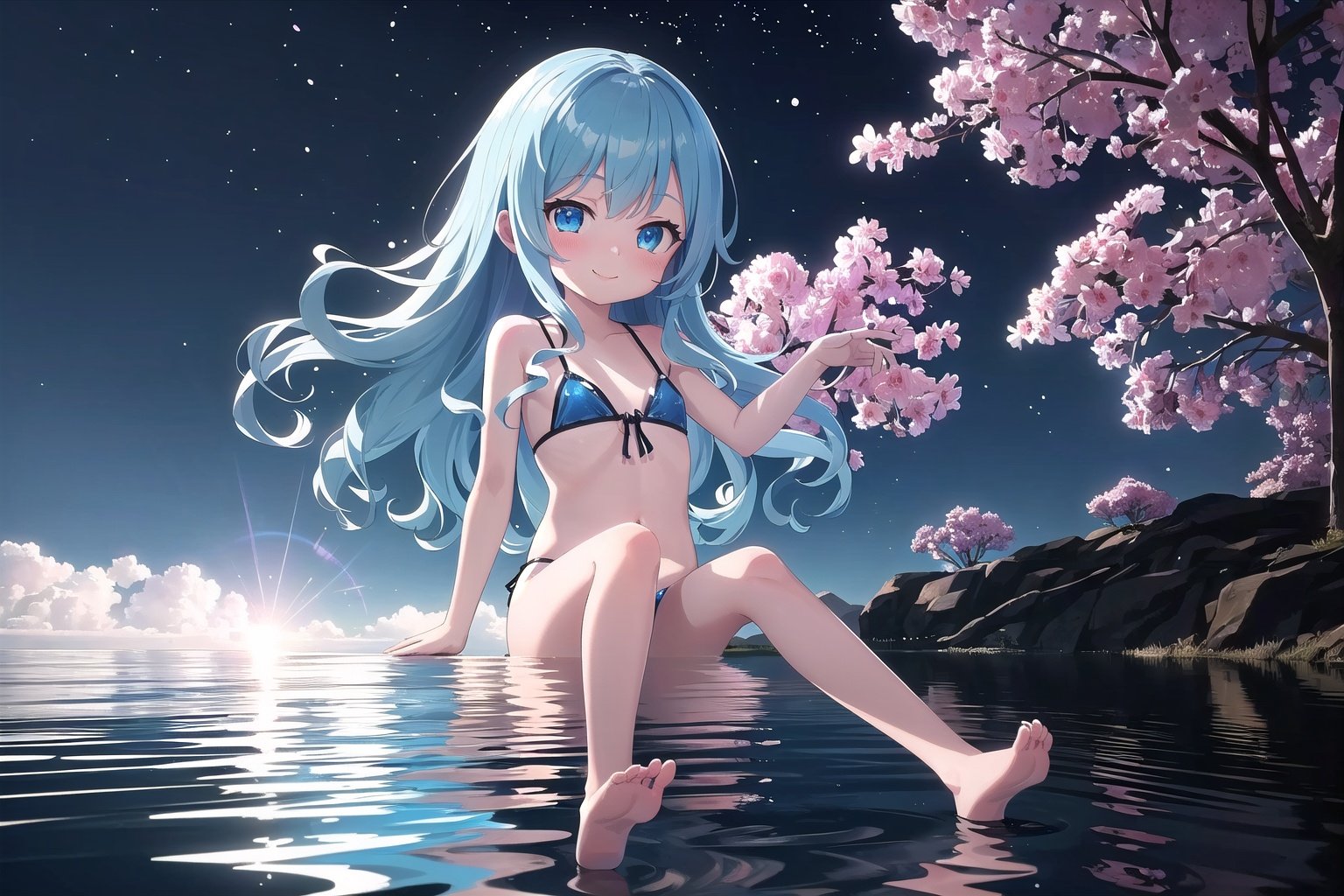((Movie-quality graphics))1 (loli:1.3) girl swimming in the water, she is wearing a sky blue [(see-through|spaghetti strap bikini|nude)] long hair, blue hair, eyes,(full body:1.3), delicate face.((Super detailed)), (highest quality), (photos:1.1), (exquisite 3D modeling),(( super detailed wallpapers,)) ((animated illustrations)), ((masterpieces)), ((masterpieces)),((Shy expression, smile, slightly red face))