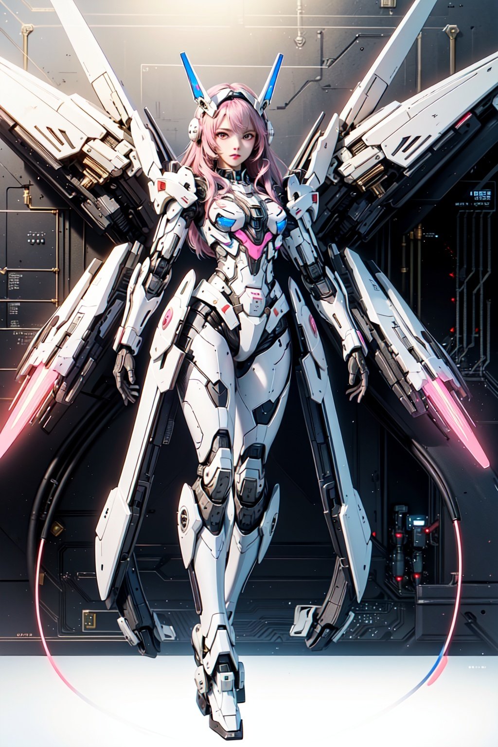 (1girl:1.3),full_body,White and pink mechs,(gundam:0.5),highly realistic,glassy translucence,graceful poses,blink-and-you-miss-it detail,Sci-fi light effects,(Illuminated circuit board:1.3),