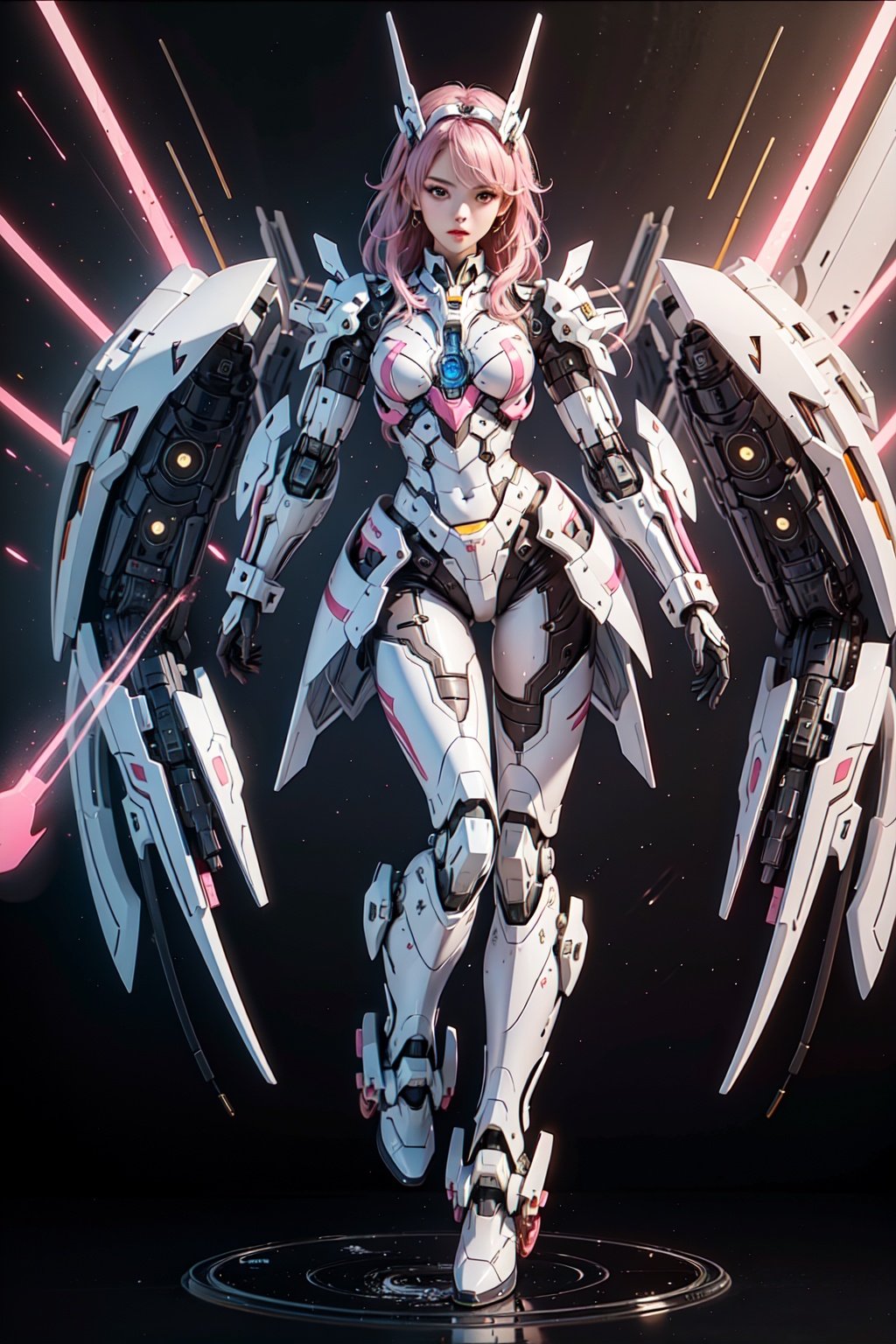 (1girl:1.3),full_body,White and pink mechs,(gundam:0.5),highly realistic,glassy translucence,graceful poses,blink-and-you-miss-it detail,