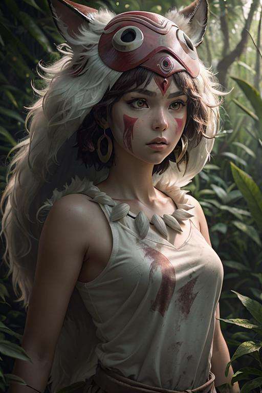 1girl, solo, beautiful princessmononoke in jungle with a giant grey wolves, serious,  details, realistic, photography, blurry background, softfocus  <lora:ARWPrincessMononoke:1>