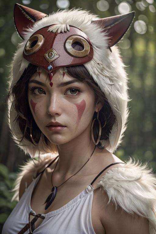 1girl, solo, portrait of beautiful princessmononoke, serious,  details, realistic, photography, blurry background, softfocus  <lora:ARWPrincessMononoke:1>