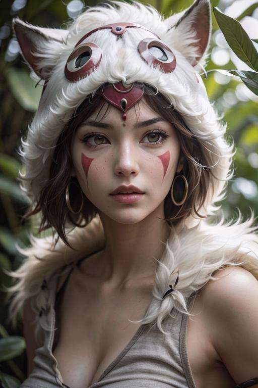 1girl, solo, portrait of beautiful princessmononoke in jungle with a giant grey wolves, serious,  details, realistic, photography, blurry background, softfocus  <lora:ARWPrincessMononoke:1>