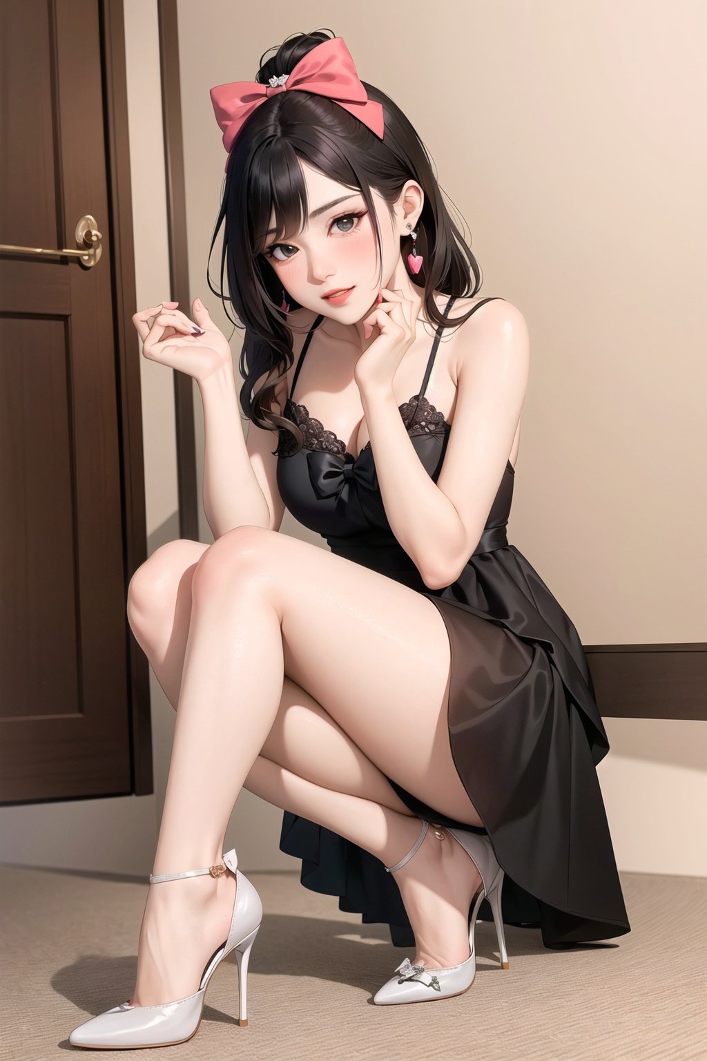 (masterpiece), (best quality),make up, blush, earring, heart, high heels, , 1girl, flower, bow,