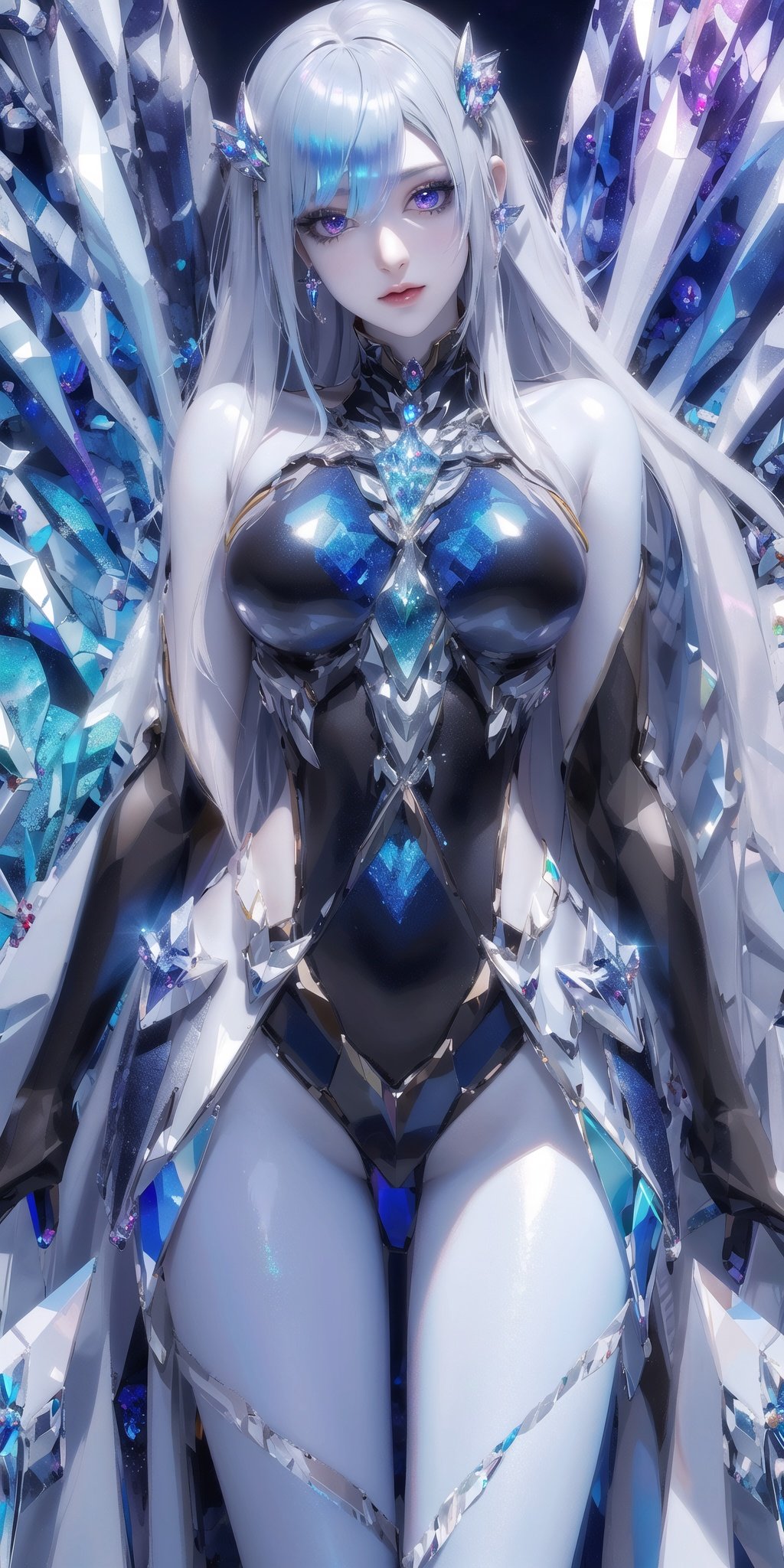 masterpiece, best quality, masterpiece,best quality,official art,extremely detailed CG unity 16k wallpaper,masterpiece, (science fiction:1.1), full body,(ultra-detailed crystallization:1.5), (crystallizing girl:1.5), kaleidoscope, ((iridescent:1.5) long hair), (glittering silver eyes),cowboy shot, surrounded by colorful crystals, blue skin, (skin fusion with crystal:1.8),Nayuta_Area_Reception,asuna \(sao\),1girl,mecha body,breasts,wings