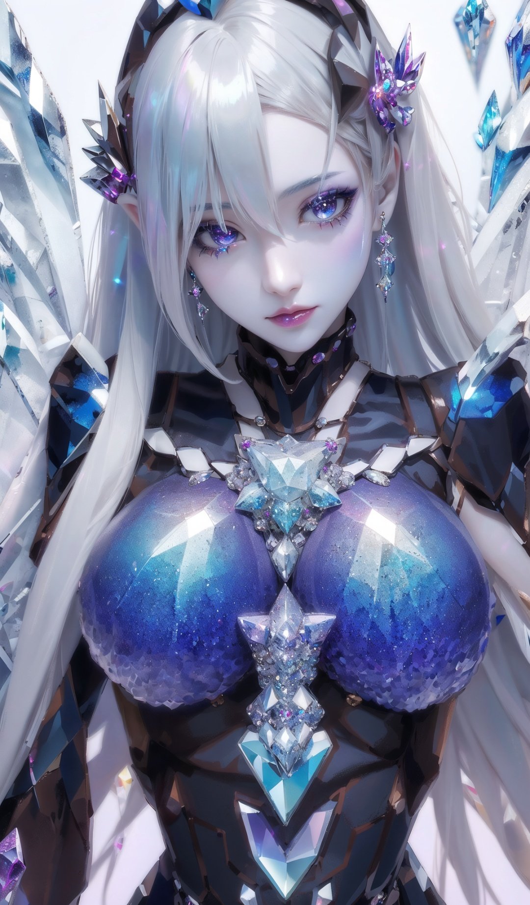 masterpiece, best quality, masterpiece,best quality,official art,extremely detailed CG unity 16k wallpaper,masterpiece, (science fiction:1.1), half of body,(ultra-detailed crystallization:1.5), (crystallizing girl:1.5), kaleidoscope, ((iridescent:1.5) long hair), (glittering silver eyes),, surrounded by colorful crystals, blue skin, (skin fusion with crystal:1.8),Nayuta_Area_Reception,asuna \(sao\),1girl,mecha body,breasts,wings