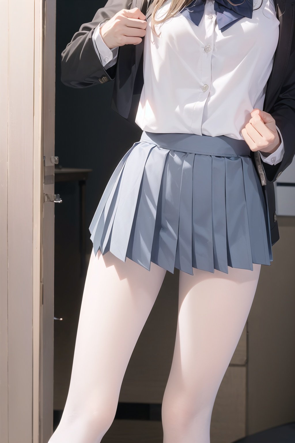 (head out of frame:1.6),1girl,shirt,pleated skirt, school uniform,depth of field,realistic:1.3,only lower body, (ambient light:1.3),(cinematic composition:1.3),(neon lights:0.1),(HDR:0.1),Accent Lighting, white pantyhose, 