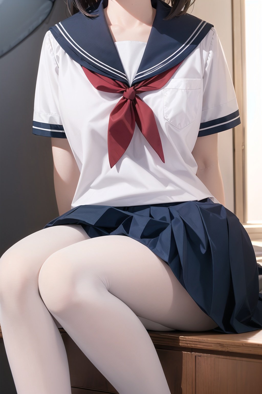 (head out of frame:1.6),1girl,shirt,pleated skirt, school uniform, sitting,depth of field,realistic:1.3,only lower body, (ambient light:1.3),(cinematic composition:1.3),(neon lights:0.1),(HDR:0.1),Accent Lighting, white pantyhose, 