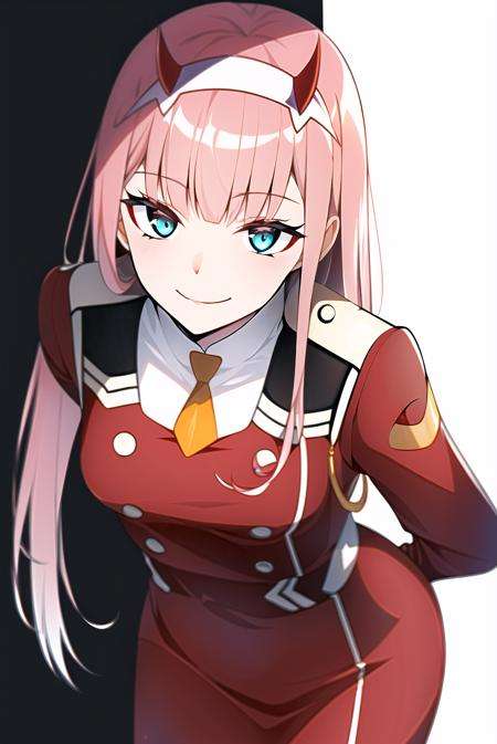 zero two \(darling in the franxx\), darling in the franxx, 1girl, aqua eyes, arms behind back, bangs, blunt bangs, breasts, closed mouth, cowboy shot, hairband, horns, leaning forward, long hair, looking at viewer, medium breasts, military, military uniform, necktie, oni horns, orange necktie, pink hair, red horns, smile, solo, standing, straight-on, uniform, white background, white hairband,  zero two \(darling in the franxx\) <lora:zerotwo_offset:1>