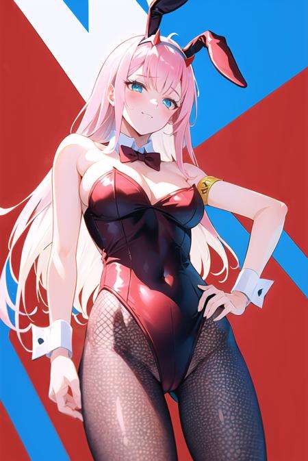 zero two \(darling in the franxx\), 1girl, animal ears, armband, ass visible through thighs, bangs, blush, bow, bowtie, breasts, covered navel, cowboy shot, detached collar, fake animal ears, fishnet pantyhose, fishnets, from below, groin, horns, leotard, long hair, looking at viewer, looking down, medium breasts, multicolored background, pantyhose, pink hair, playboy bunny, rabbit ears, red leotard, skin tight, solo, straight hair, thighs, smug, wrist cuffs <lora:zerotwo_offset:1>