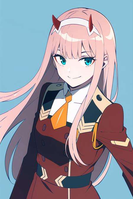 zero two \(darling in the franxx\), darling in the franxx, 1girl, ascot, bangs, blue background, green eyes, hairband, horns, long hair, long sleeves, looking at viewer, red jacket, closed jacket, military uniform, oni horns, orange ascot, pink hair, red horns, simple background, smile, solo, standing, uniform, white hairband, ((masterpiece)),  <lora:zero_two_offset:1>