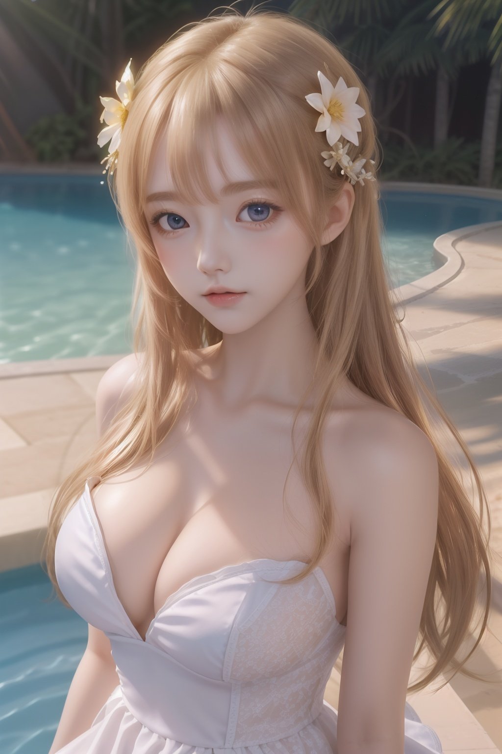 1girl, solo, golden hair, blue eyes,  sunlight, outdoors, poolside, hair ornament, breasts, long hair, looking at viewer, cleavage, flower, bare shoulders, hair flower, lips, bangs, dress, white dress, realistic, strapless, medium breasts, 