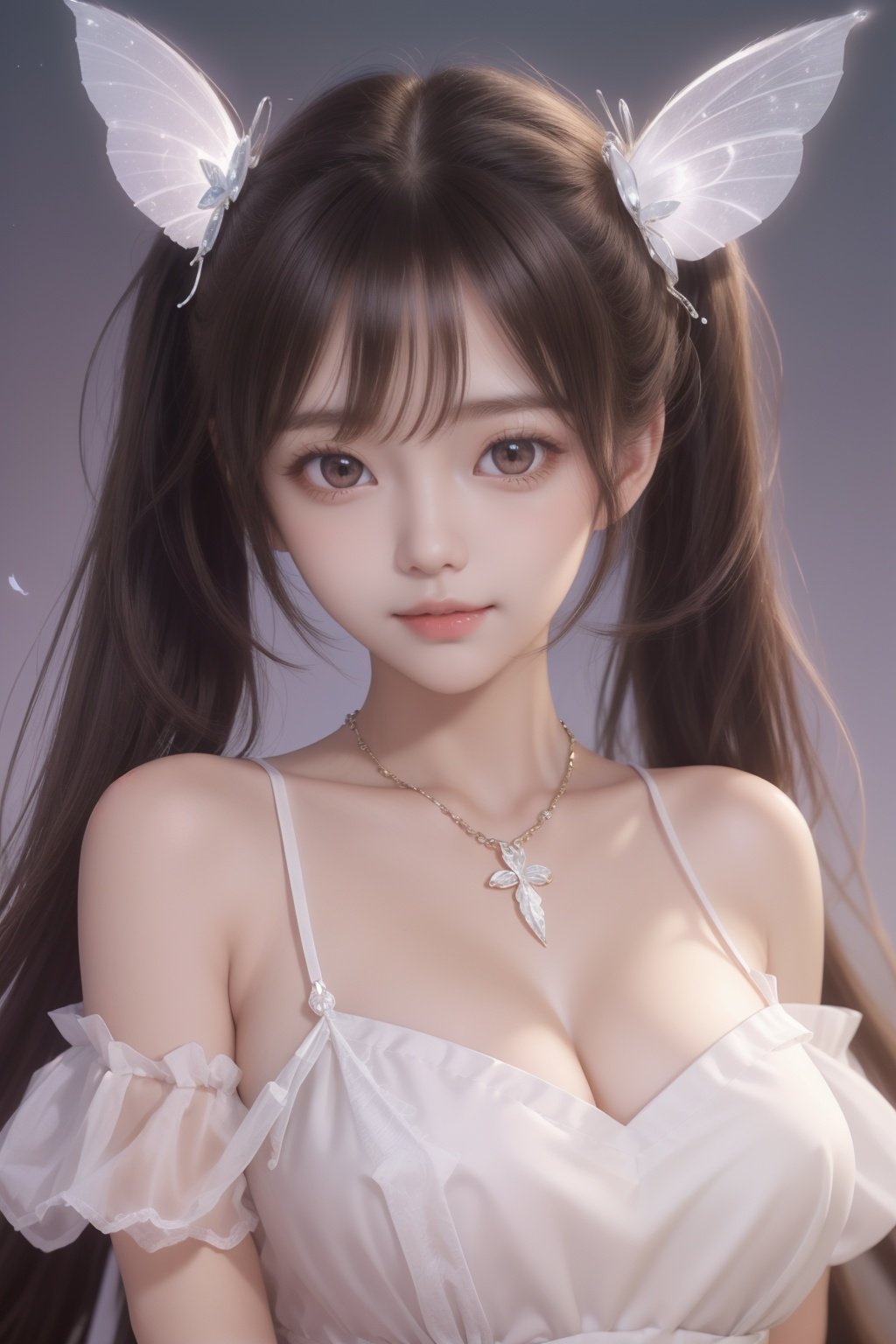 1girl, solo, jewelry, necklace, looking at viewer, long hair, twintails, realistic, bangs, hair ornament, lips, collarbone, closed mouth, brown hair, butterfly hair ornament, white dress, large breasts, breasts, upper body, smile