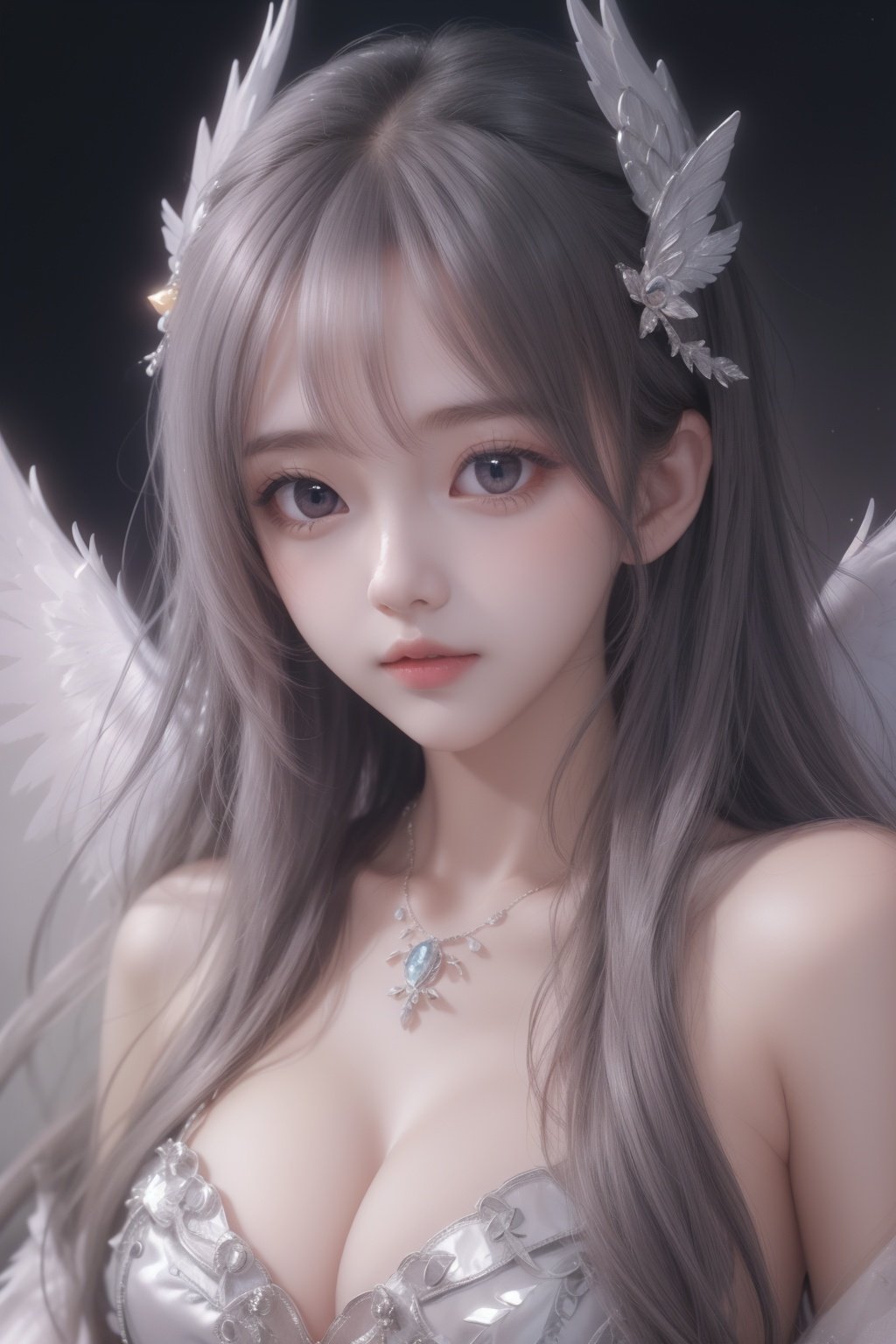 1girl, solo, breasts, necklace, long hair, jewelry, looking at viewer, cleavage, hair ornament, bangs, grey hair, parted lips, realistic, bare shoulders, wings, lips
