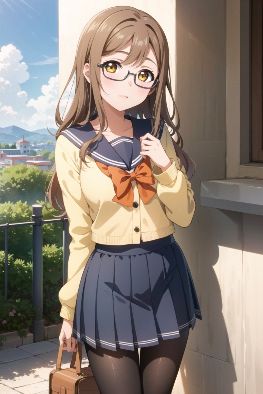 masterpiece, best quality, 1girl, solo, kunikida hanamaru, brown hair, yellow eyes, long hair,  <lora:MaruLL_v1-04:0.6>, looking at viewer, school uniform, glasses, uranohoshi school uniform, yellow cardigan, pleated skirt, gray skirt, orange bow,  pantyhose, long sleeves, serafuku, sailor collar, 