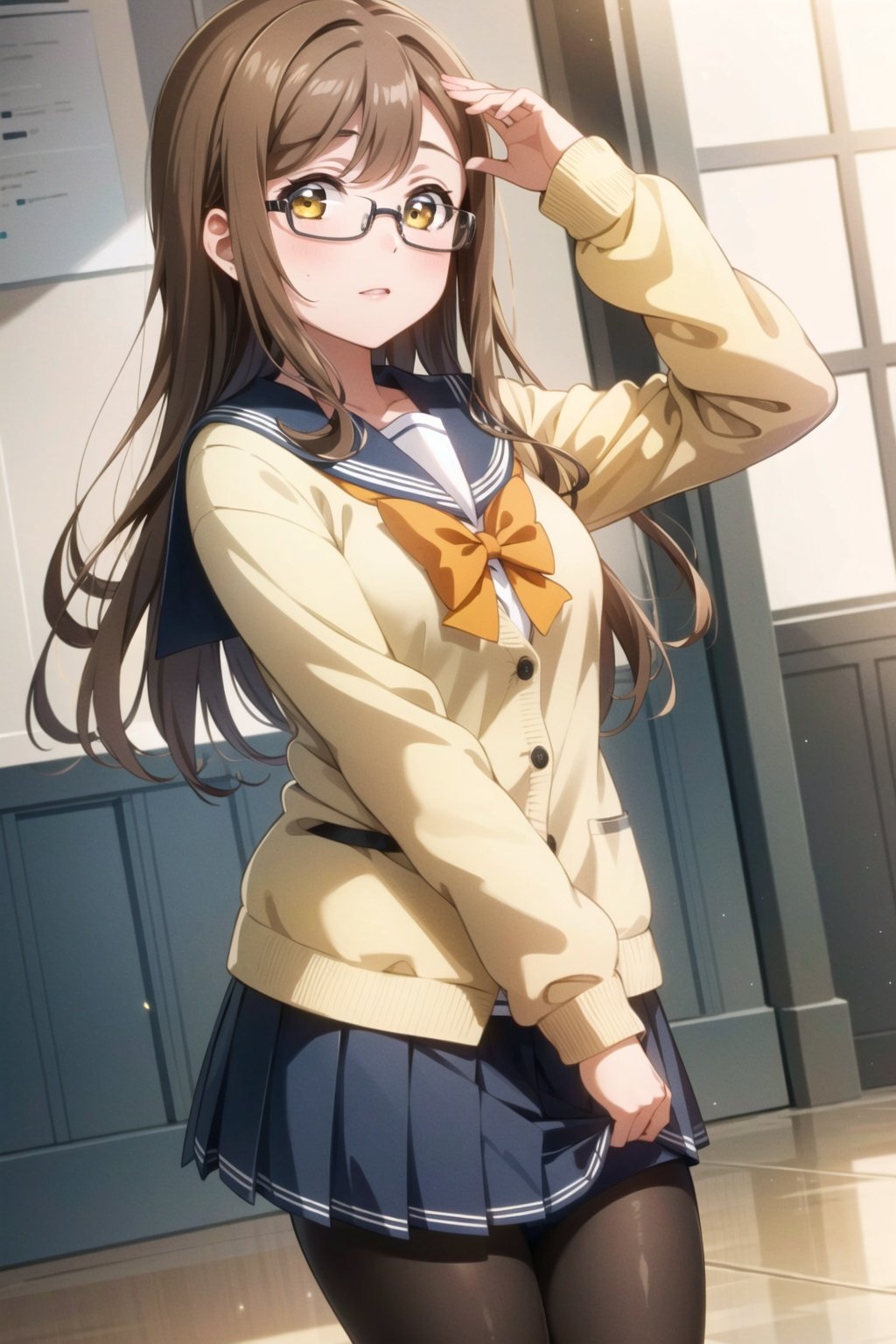 masterpiece, best quality, 1girl, solo, kunikida hanamaru,  brown hair, yellow eyes, long hair,  <lora:MaruLL_v1-04:0.6>, looking at viewer, school uniform, glasses, uranohoshi school uniform, yellow cardigan, pleated skirt, gray skirt, orange bow,  pantyhose, long sleeves, serafuku, sailor collar, 