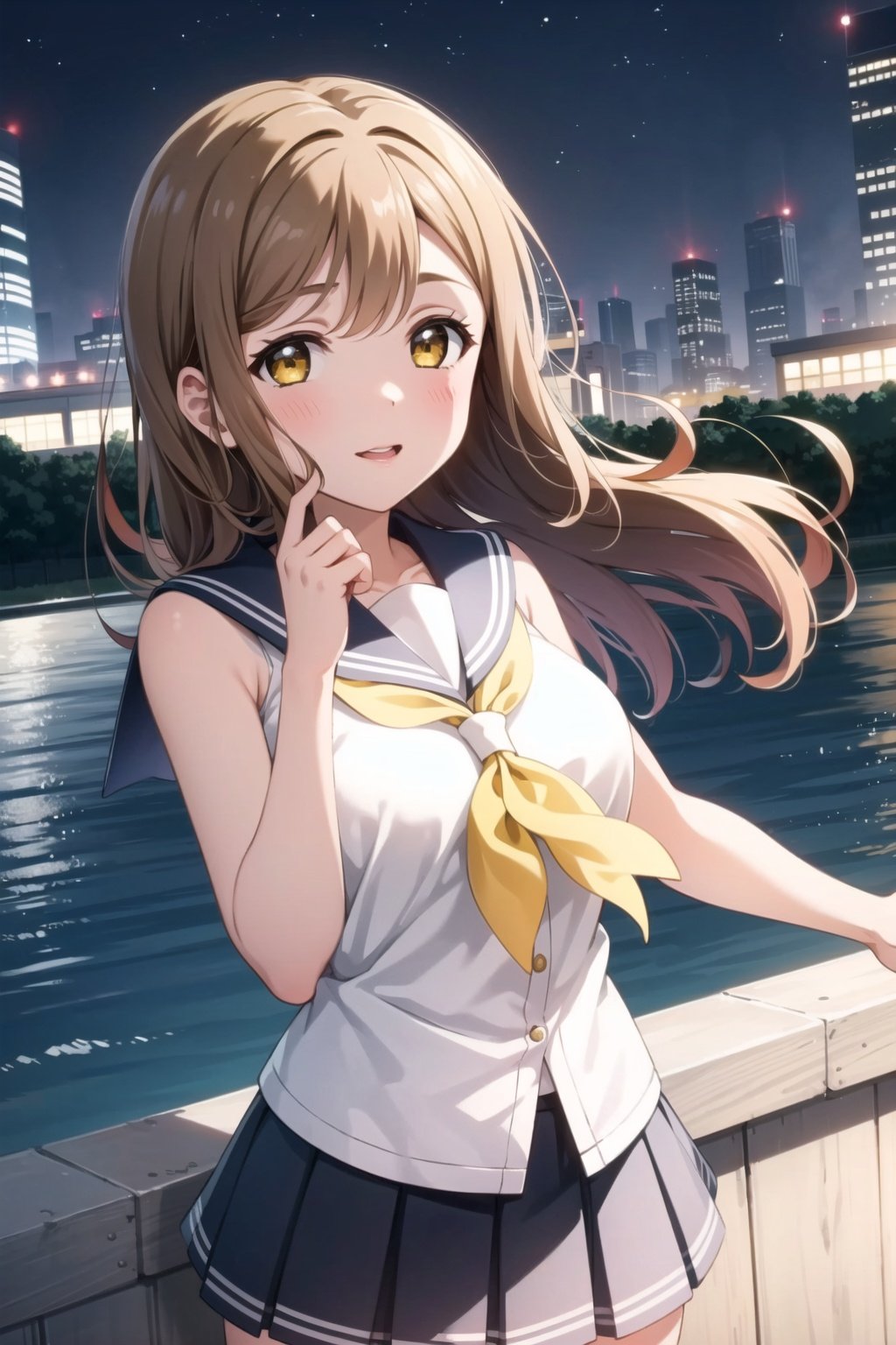 masterpiece, best quality, 1girl, solo, kunikida hanamaru,  <lora:MaruLL_v1-04:0.6>, school uniform, white shirt, pleated skirt, serafuku, sleeveless, grey skirt, yellow neckerchief, uranohoshi school uniform, grey sailor collar,  lake, night, city lights,  