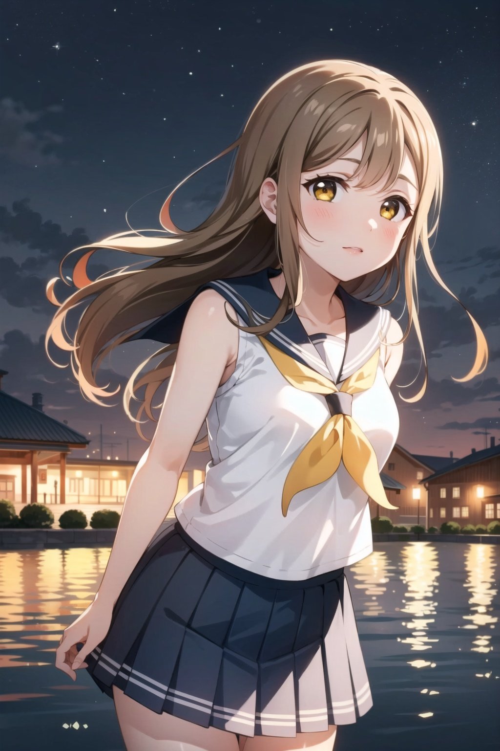 masterpiece, best quality, 1girl, solo, kunikida hanamaru,  <lora:MaruLL_v1-04:0.6>,  long hair, looking at viewer, skirt, brown hair, shirt, school uniform, yellow eyes, white shirt, pleated skirt, serafuku, sleeveless, neckerchief, grey skirt, yellow neckerchief, uranohoshi school uniform, grey sailor collar, plant, lake, night, city lights,  