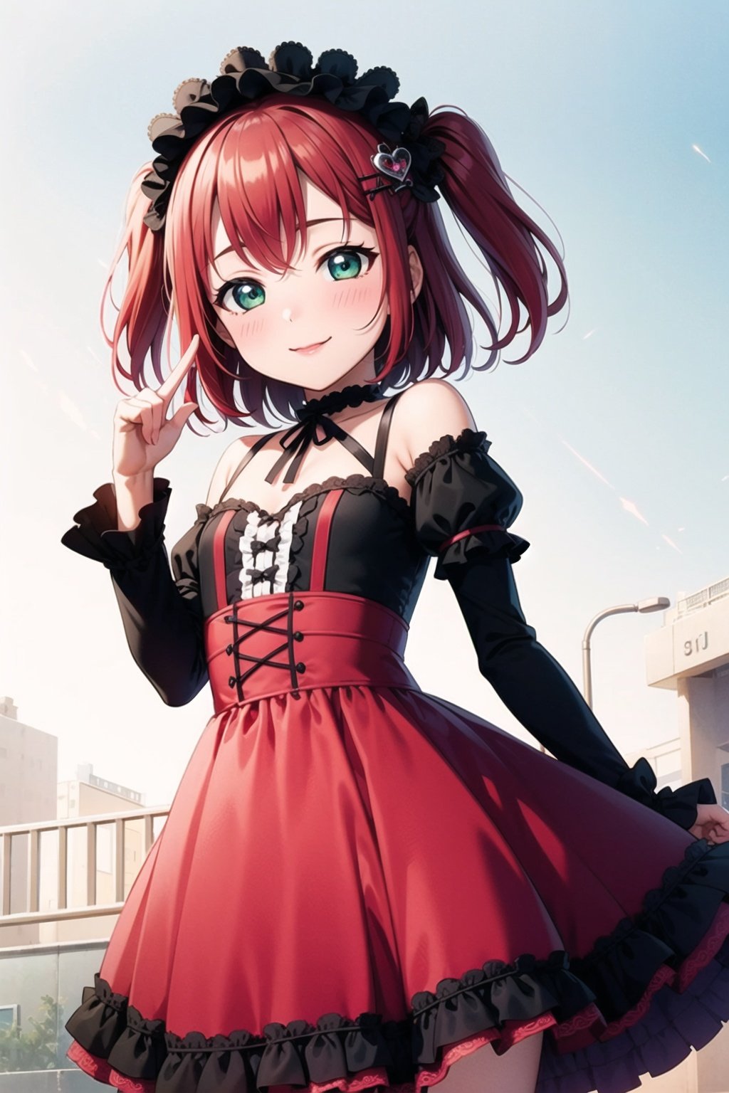 (masterpiece, best quality, ultra-detailed), (illustration), (beautiful detailed eyes), (1girl), (solo), kurosawa ruby, red hair, green eyes,  two side up, flat chest, hair ornament, looking at viewer, smile, bangs, gothic lolita, pink dress,