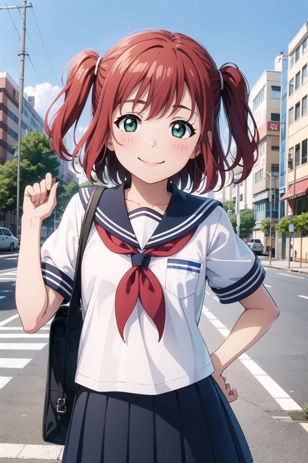 (masterpiece, best quality), illustration, detailed eyes, 1girl, solo, kurosawa ruby, flat chest, red hair, two side up, green eyes, smile, school uniform, white shirt, pleated skirt, serafuku, grey skirt, red neckerchief, tie clip, uranohoshi school uniform, grey sailor collar, bag, outdoors, 