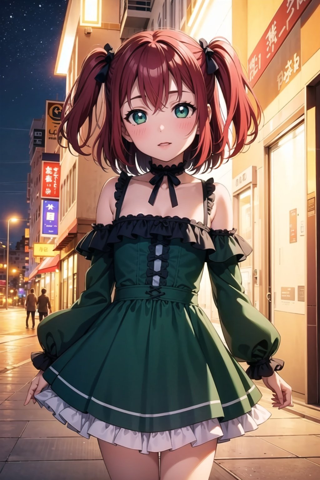 (masterpiece, best quality, ultra-detailed), (illustration), (beautiful detailed eyes), (1girl), (solo), kurosawa ruby, flat chest, red hair, two side up, green eyes,  green dress, lolita fashion, outdoors, night, 