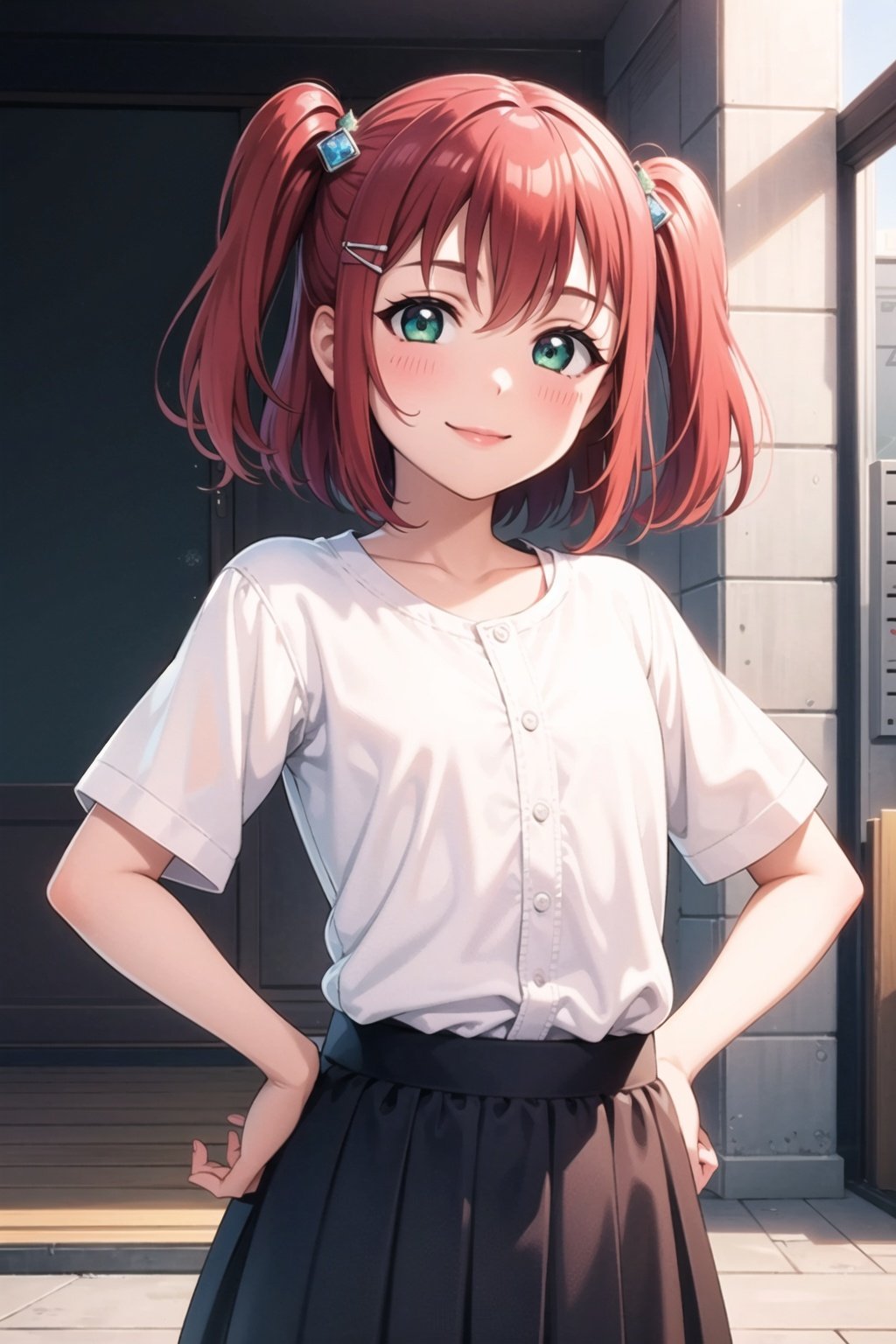 (masterpiece, best quality, ultra-detailed), (illustration), (beautiful detailed eyes), (1girl), (solo), kurosawa ruby, red hair, green eyes,  two side up, flat chest, hair ornament, looking at viewer, smile, bangs, skirt, shirt, hands on hips