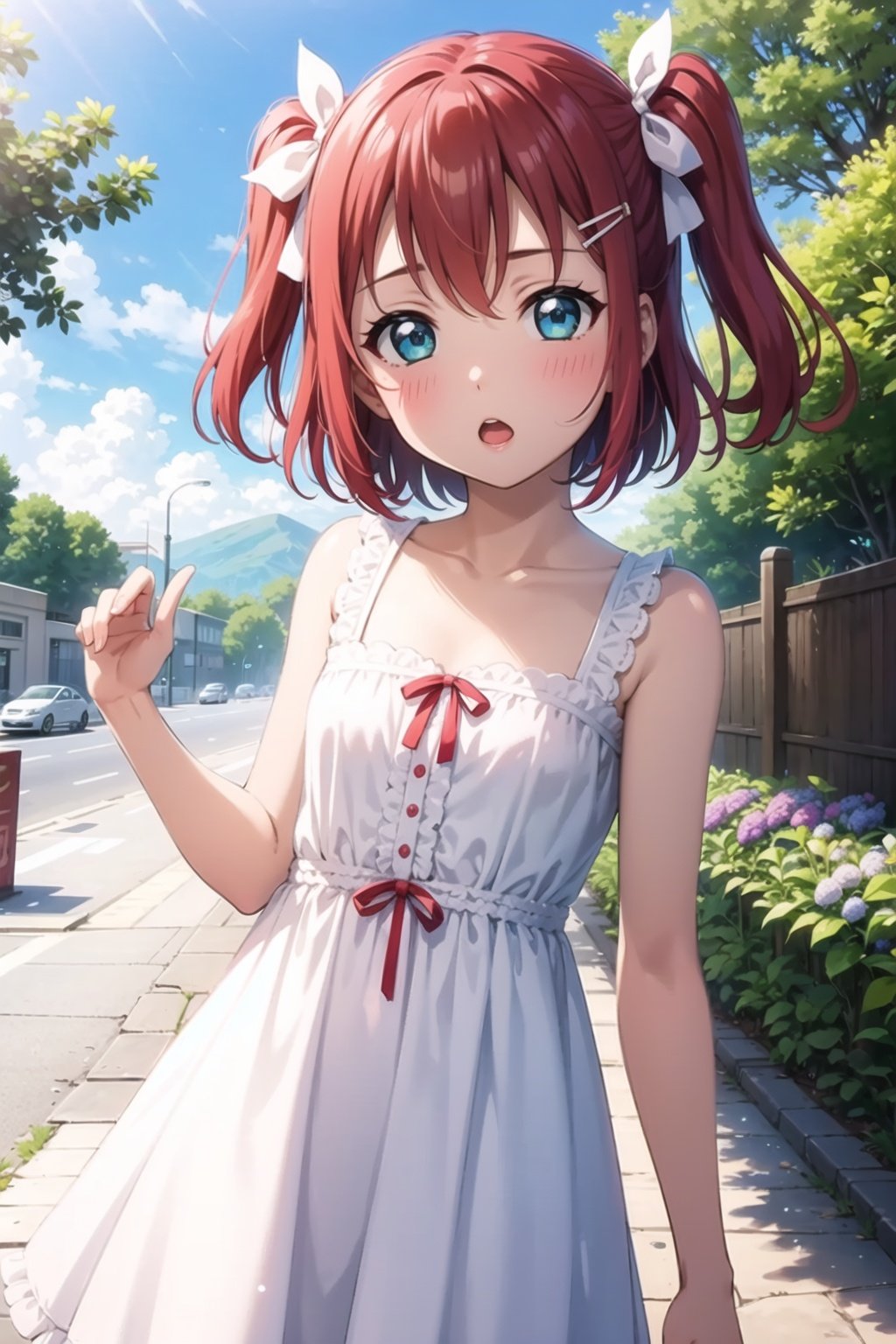 (masterpiece, best quality, ultra-detailed), (illustration), (beautiful detailed eyes), (1girl), (solo), kurosawa ruby, red hair, two side up, flat chest, hair ornament, dress, ribbon, collarbone, hair ribbon, flower, white dress, :o, aqua eyes, sleeveless dress, hydrangea,