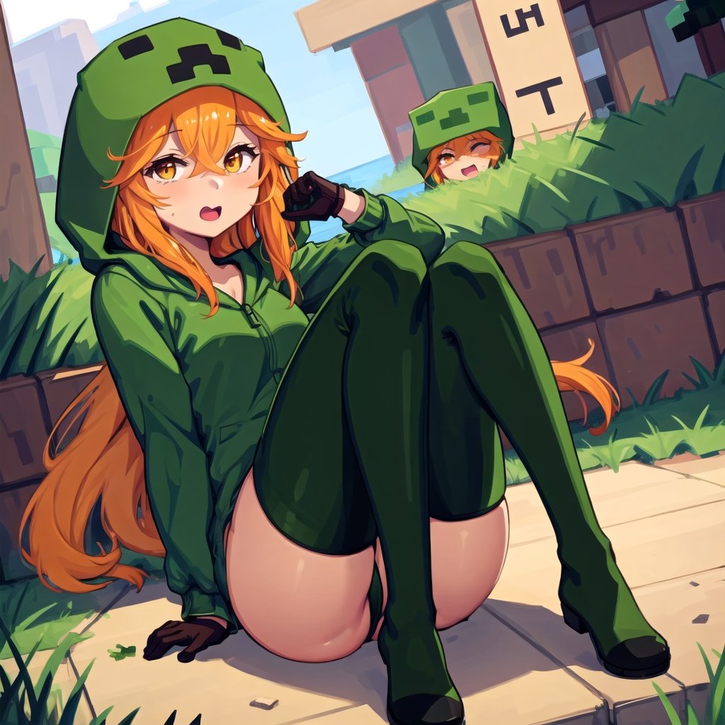 cupa_minecraft, 1girl, solo, green_hoodie, green_legwear, brown_gloves