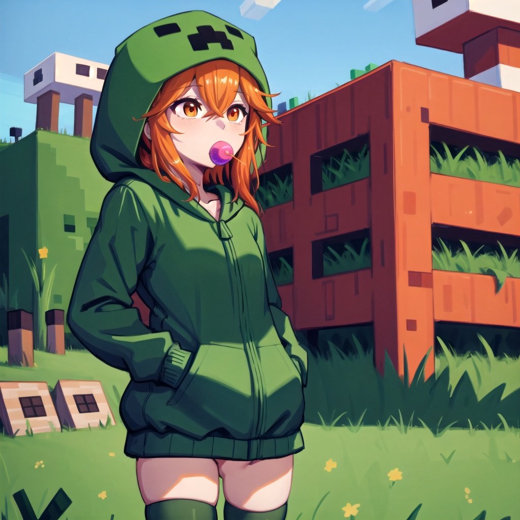 masterpiece, best quality, absurdres, 1girl, solo, petite, cupa_minecraft, orange eyes, small breasts, green hoodie, green thighhighs, hands in pocket, looking away, blowing bubblegum bubble, bored, cowboy shot, standing, minecraft sky