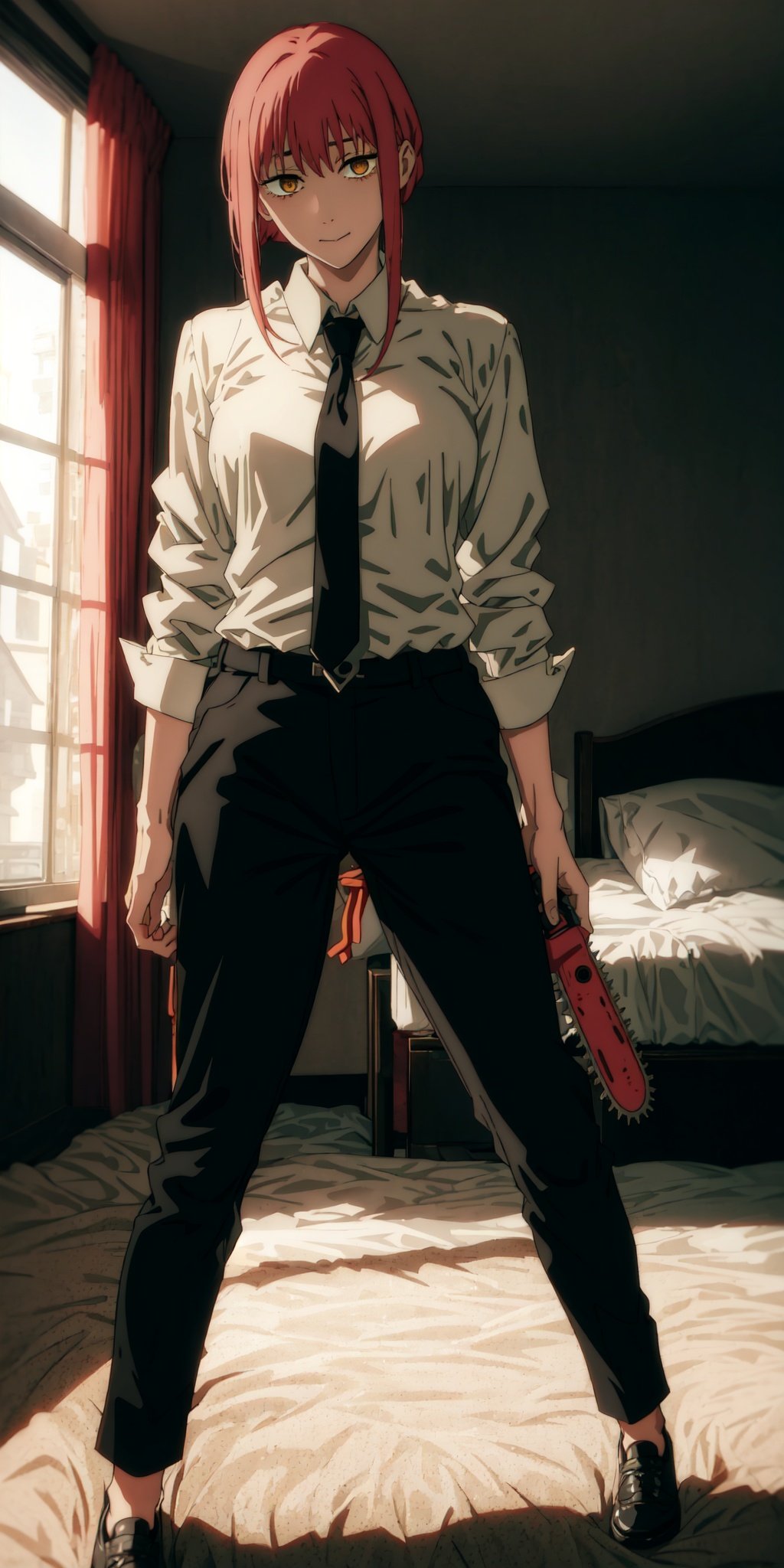 1girl, room, bed, shirt, tie, black trousers, Full HD, sexy pose, good detail ,makima \(chainsaw man\)