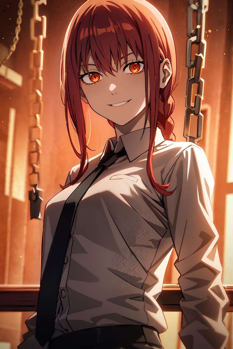 makima \(chainsaw man\), best quality, ultra detailed, 1girl, solo, standing, red hair, long braided hair, golden eyes, bangs, medium breasts, white shirt, necktie, stare, smile, (evil:1.2), looking at viewer, (interview:1.3), (dark background, chains:1.3)<lora:MakimaTestV1:0.6> makima \(chainsaw man\)