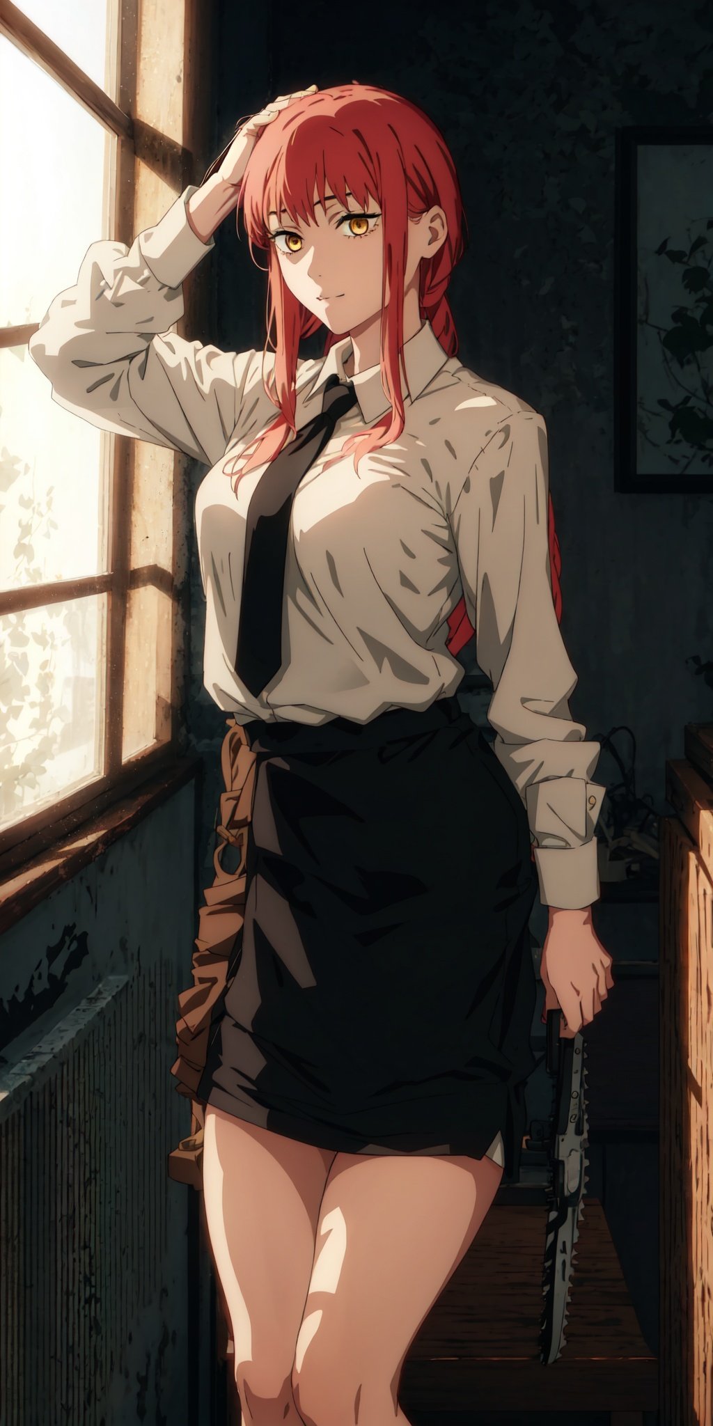 1girl (MAKIMA), sexy pose, shirt, skirt, Full HD, sun rays, ultra shadows, room ,makima \(chainsaw man\)