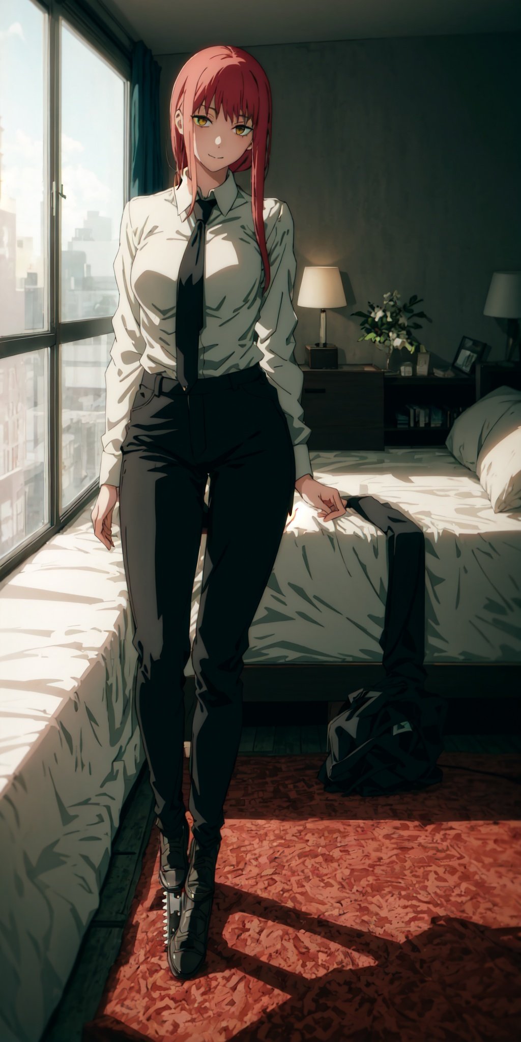 1girl, room, bed, shirt, tie, black trousers, Full HD, sexy pose, good detail ,makima \(chainsaw man\)