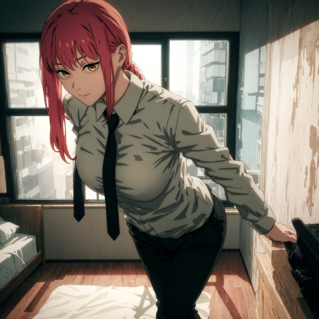 1girl, room, bed, shirt, tie, black trousers, Full HD, sexy pose, good detail ,makima \(chainsaw man\)