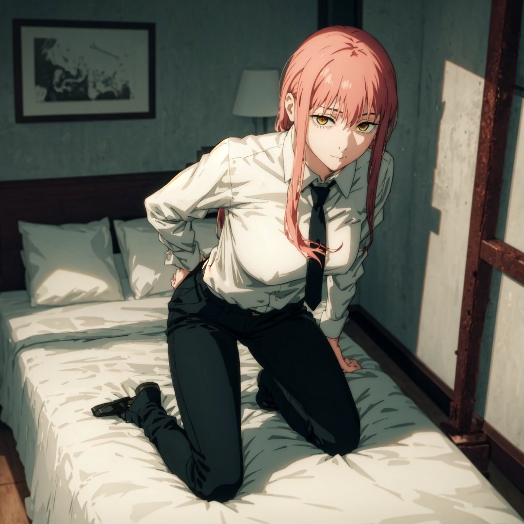 1girl, room, bed, shirt, tie, black trousers, Full HD, sexy pose, good detail ,makima \(chainsaw man\)