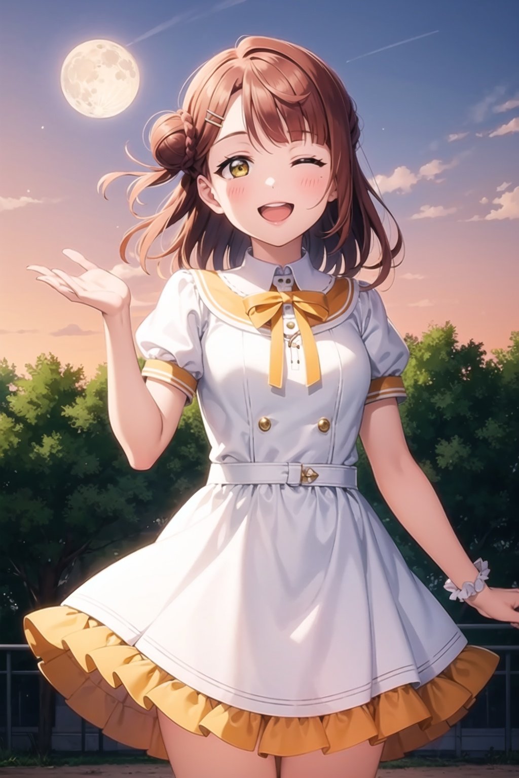 (masterpiece, best quality, ultra-detailed), (illustration), (beautiful detailed eyes), 1girl, solo, uehara ayumu, yellow eyes, hairpin, <lora:AyumuLL_v1-05:0.6>,frilled dress, light smile, upper teeth, one eye closed, ;d, cowboy shot, outdoors, greenary, depth of field, orange sky, moon, 