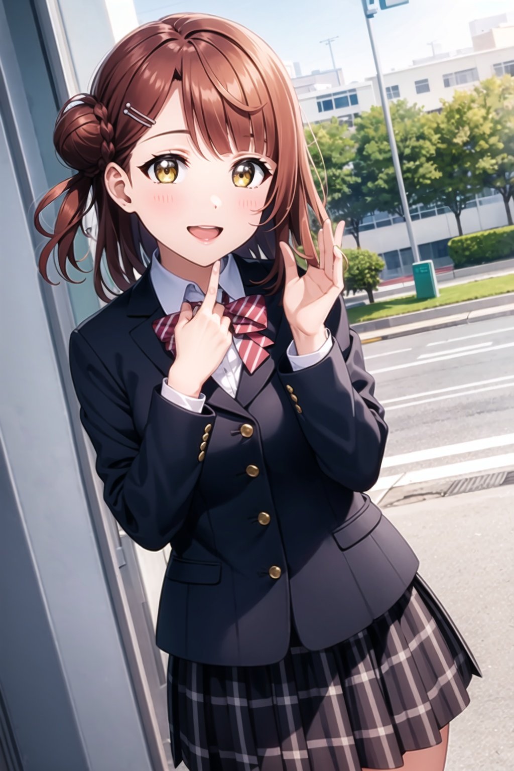 (masterpiece, best quality, ultra-detailed), (illustration), (beautiful detailed eyes), 1girl, solo, uehara ayumu, swept bangs, yellow eyes, hairpin, <lora:AyumuLL_v1-05:0.6>,looking at viewer, smile, skirt, long sleeves, school uniform, jacket, black jacket, white skirt, winter uniform, nijigasaki academy school uniform,outdoors, greenary, depth of field, 