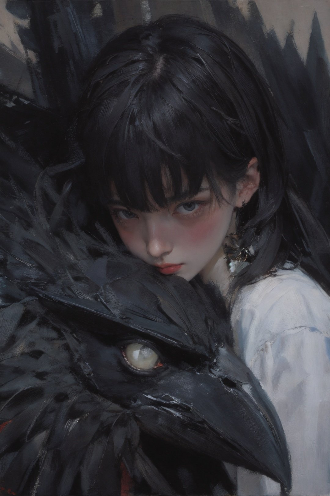 (oil painting:1.2),\\a woman with a black bird on her shoulder and a white shirt on her shoulder, with a black bird on her shoulder, (Atey Ghailan:0.230), (stanley artgerm lau:0.195), (a detailed painting:0.239), (gothic art:0.145)