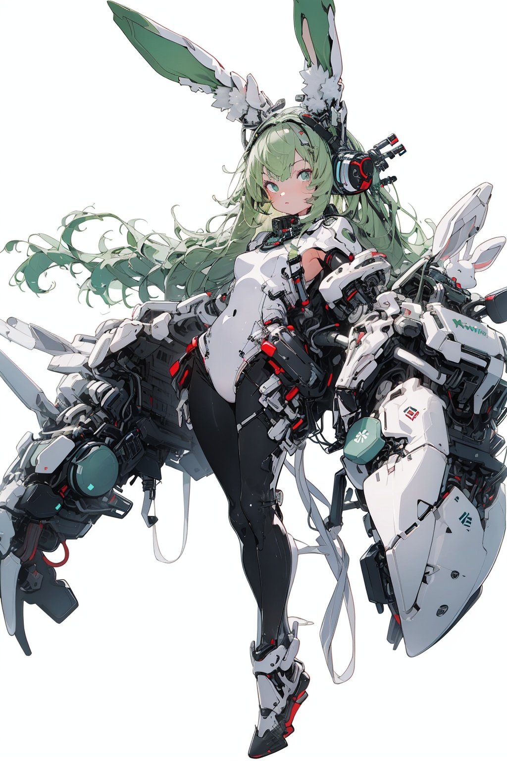 best quality,masterpiece,illustration,1girl,solo,full body,Rabbit ear,White background,Mechanical,Mechanical body,Green hair,