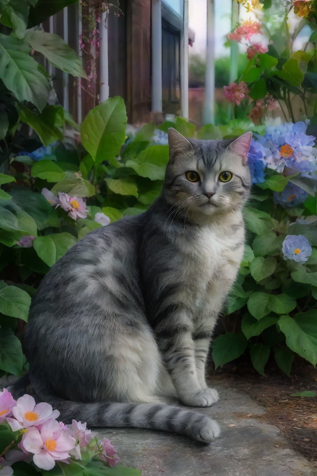 ((best quality)),((masterpiece)),(detailed),(realistic:1.4),ultra high res,Highly detailed,Exceptional detail,dramatic lighting,highres,meloncat,cat,8k,absurdres,flower:1.3,outdoors,garden,
