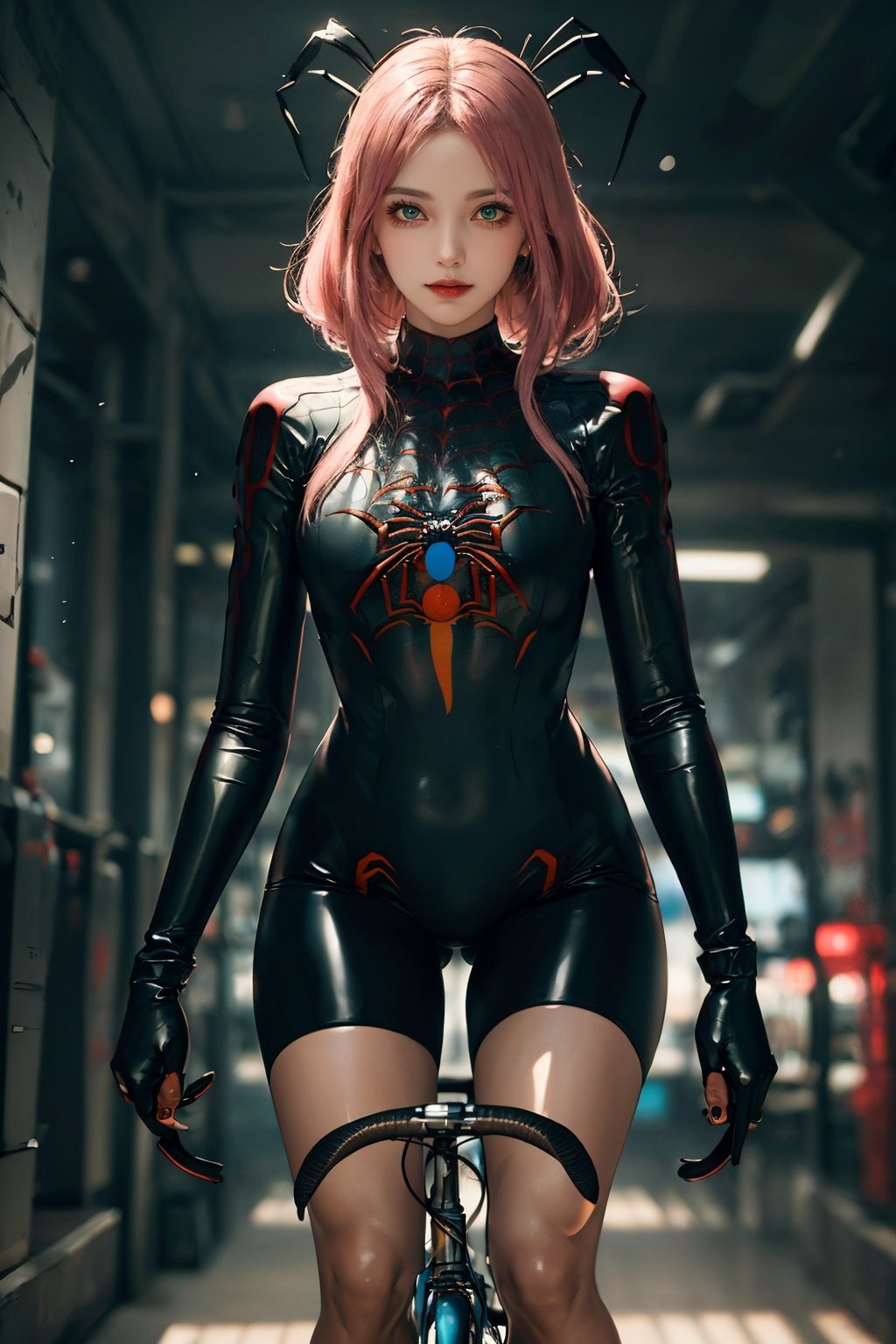 (best quality, ultra-detailed, best illustration, best shadow, masterpiece, high res, professional artwork, famous artwork), (1girl, solo), SakuraNS, looking at viewer, green eyes, pink hair, (forehead_mark1.2), arachne, spider girl, arthropod girl, chitin, (giant spider:1.3, spider:1.3), multiple eyes,(Riding a bicycle:1.2), masterpiece,best quality,ultra-detailed, clear facial features,beautiful scene,Dreamy Atmosphere,UE5,Quixel Megascans Render,8KHD,high detail,hyper quality,high resolution,beautiful lighting, <lora:ddia_20230609232847-000016:0.3>,mecha,PerfectNwsjMajic,(Depth of field and motion blur:1.3)